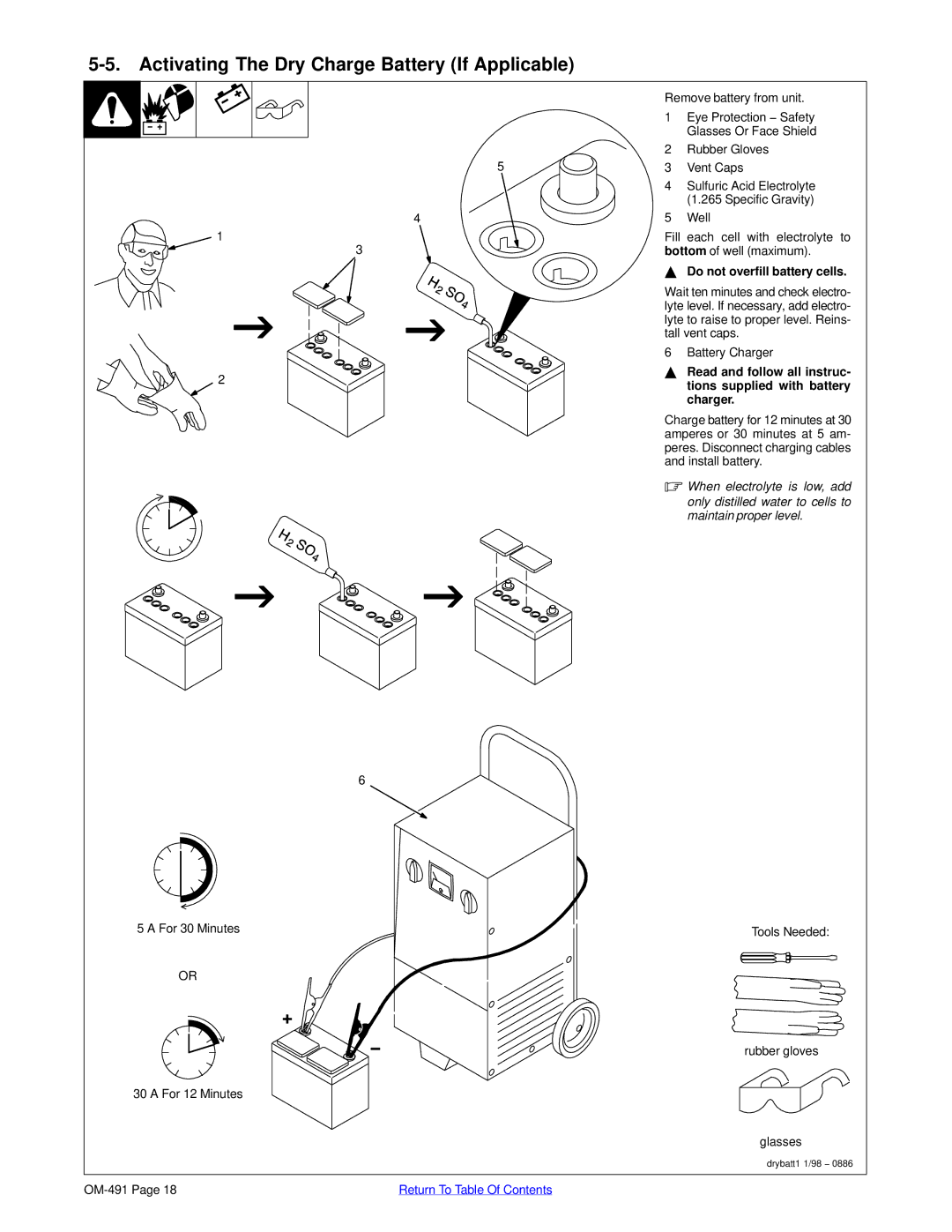 Miller Electric Big Blue 602P manual Activating The Dry Charge Battery If Applicable, Read and follow all instruc, Charger 