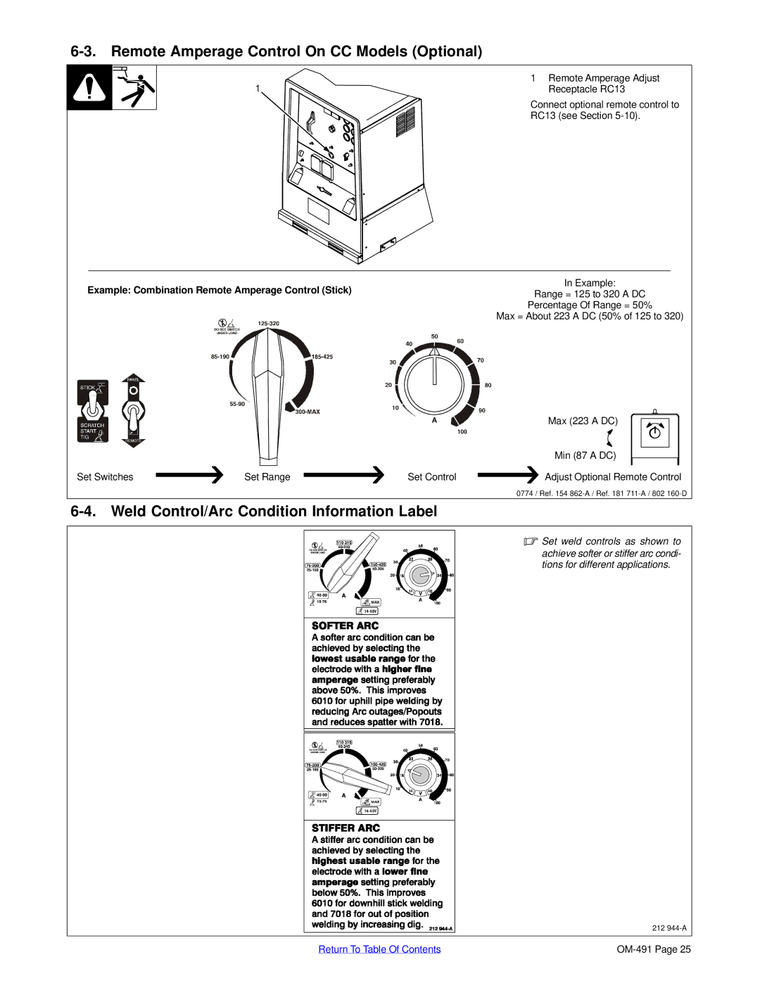 Miller Electric Big Blue 502P Remote Amperage Control On CC Models Optional, Weld Control/Arc Condition Information Label 