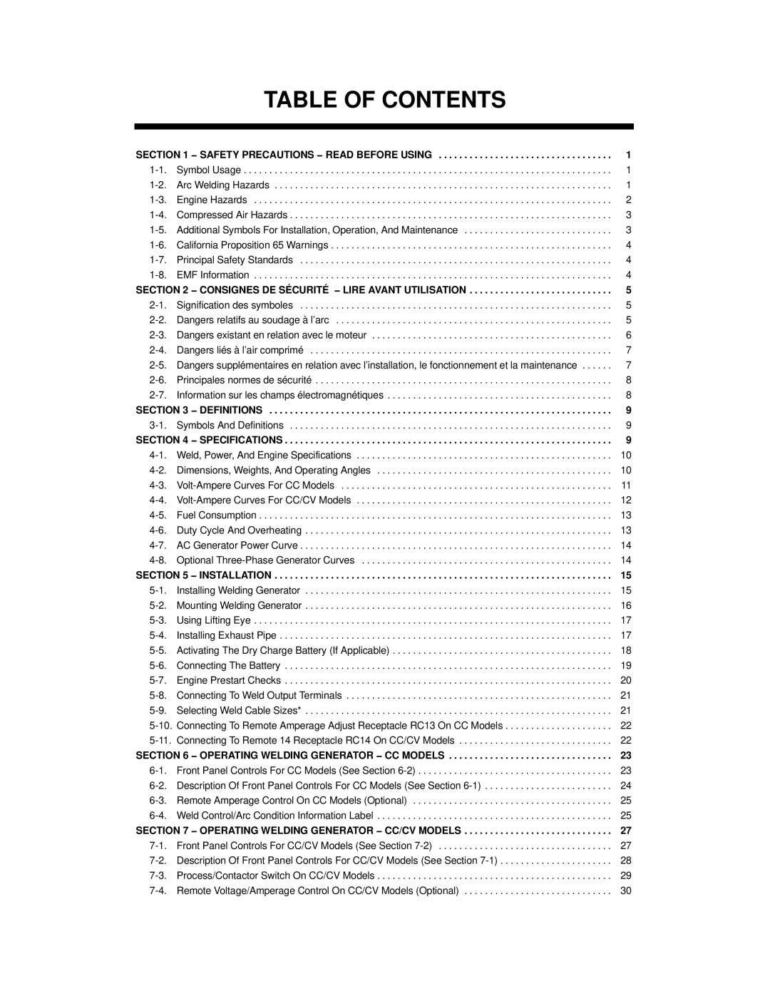 Miller Electric Big Blue 402P, Big Blue 602P, Big Blue 502P manual Table of Contents 