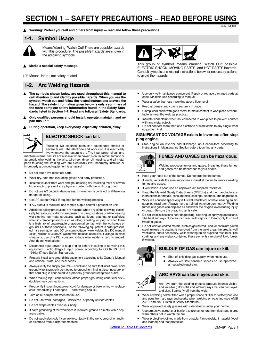 Miller Electric Big Blue 502P, Big Blue 402P, Big Blue 602P manual Symbol Usage, Arc Welding Hazards 