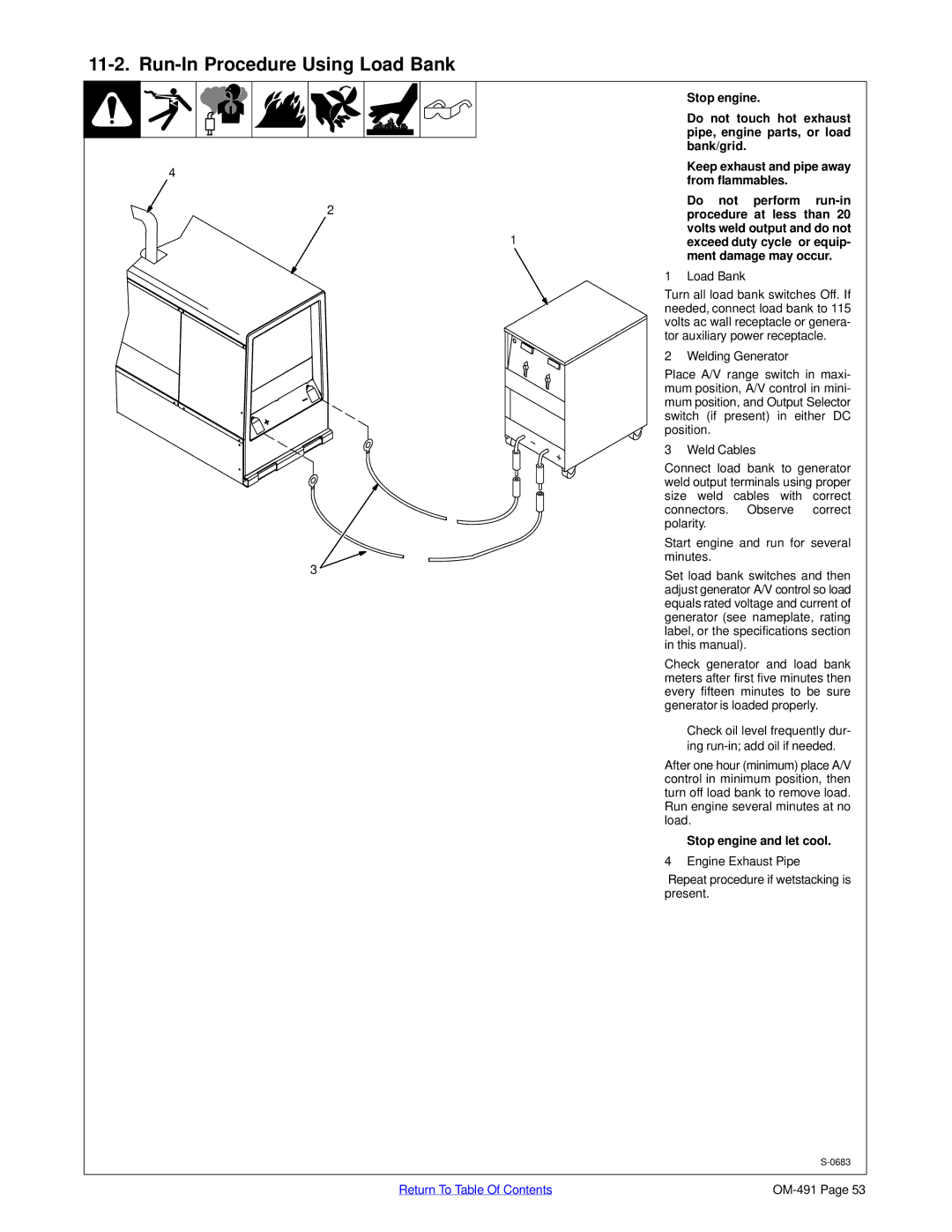 Miller Electric Big Blue 402P, Big Blue 602P manual Run-In Procedure Using Load Bank, Stop engine Do not touch hot exhaust 