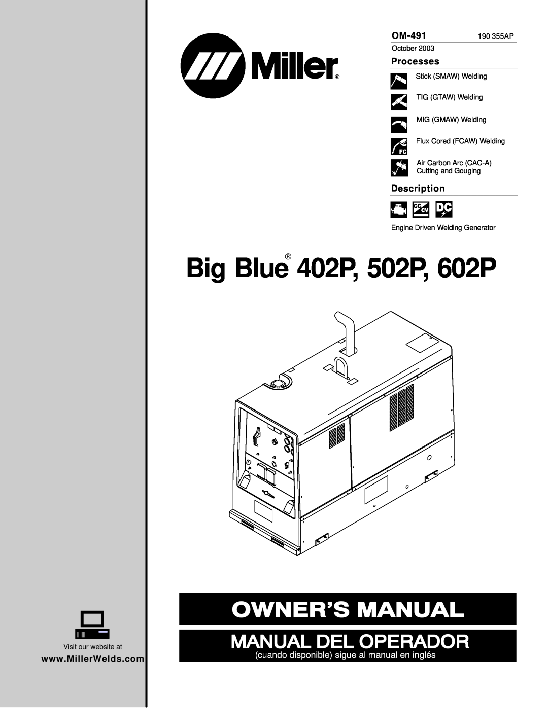 Miller Electric Big Blue 602P, Big Blue 402P manual Big BlueR 402P, 502P, 602P, OM-491, Processes, Description 