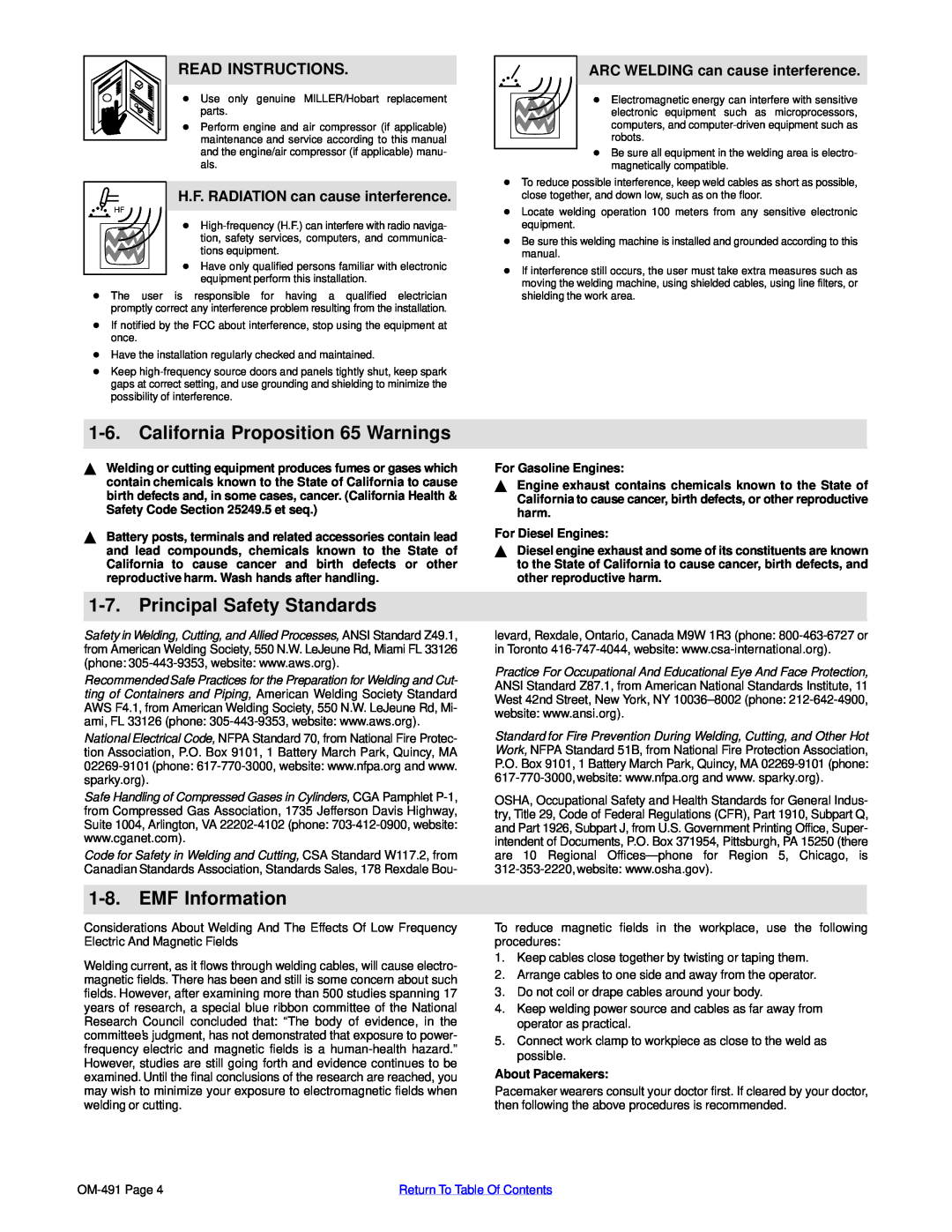 Miller Electric Big Blue 502P manual California Proposition 65 Warnings, Principal Safety Standards, EMF Information 