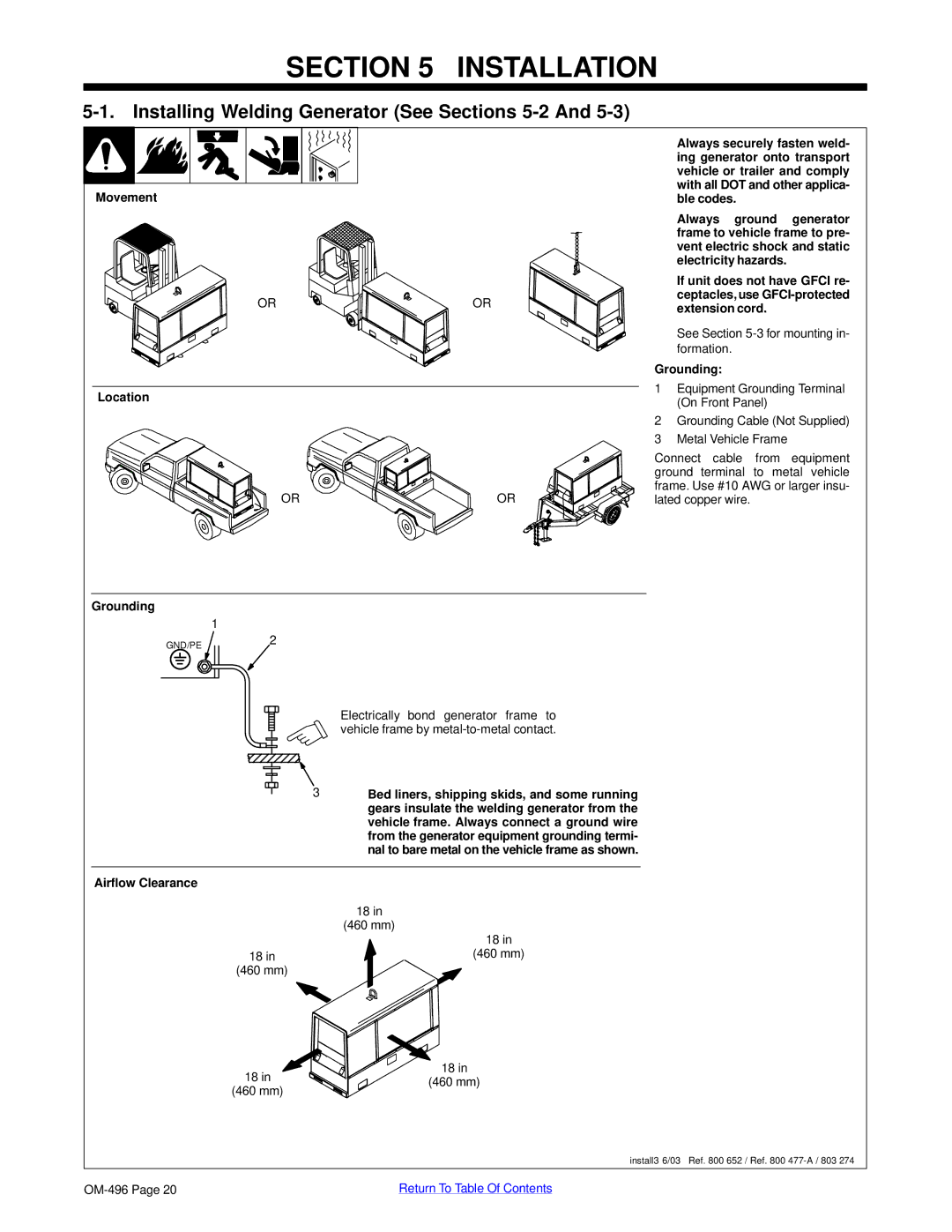 Miller Electric Big Blue 452P manual Installation, Installing Welding Generator See Sections 5-2And, Location Grounding 