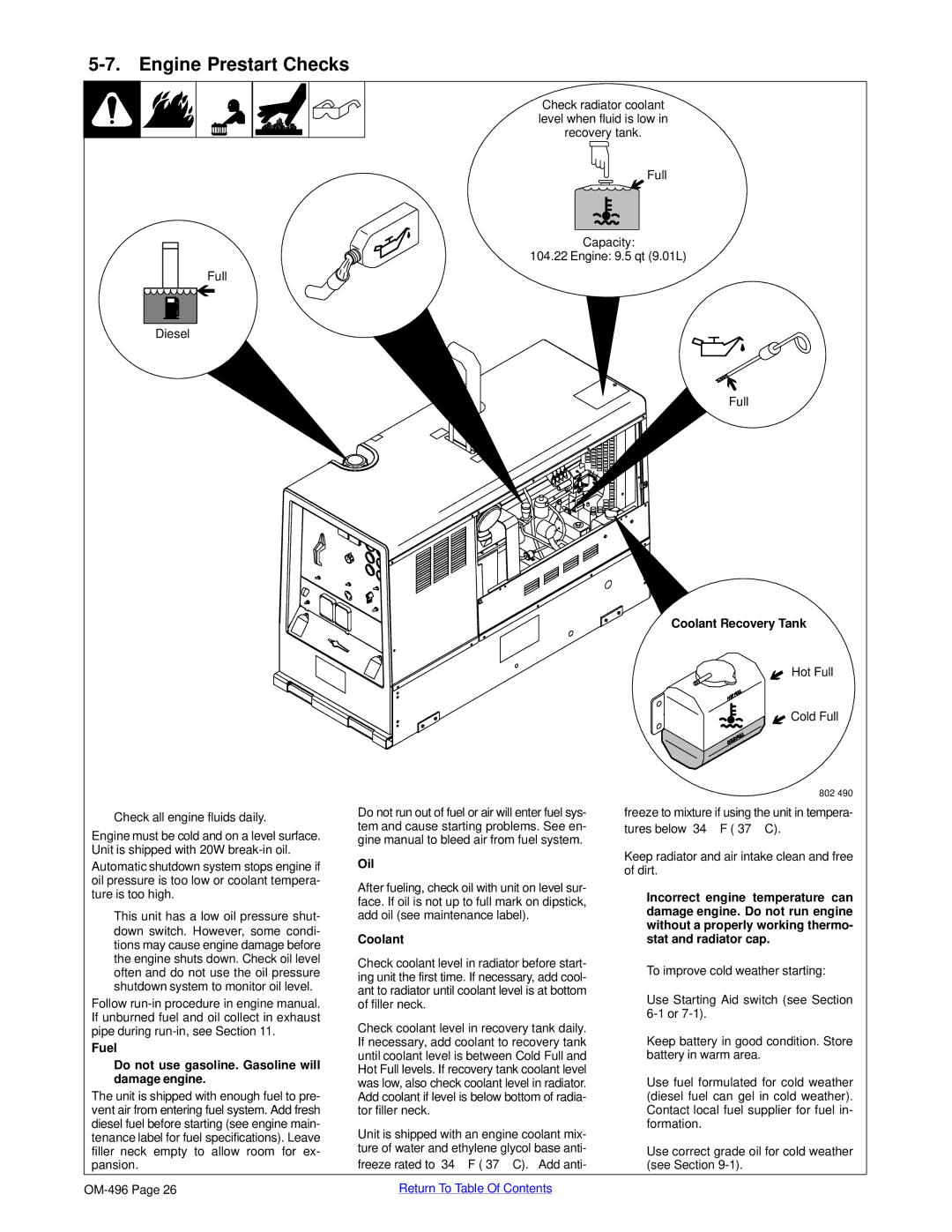 Miller Electric Big Blue 452P, Big Blue 302P manual Engine Prestart Checks, Coolant Recovery Tank 