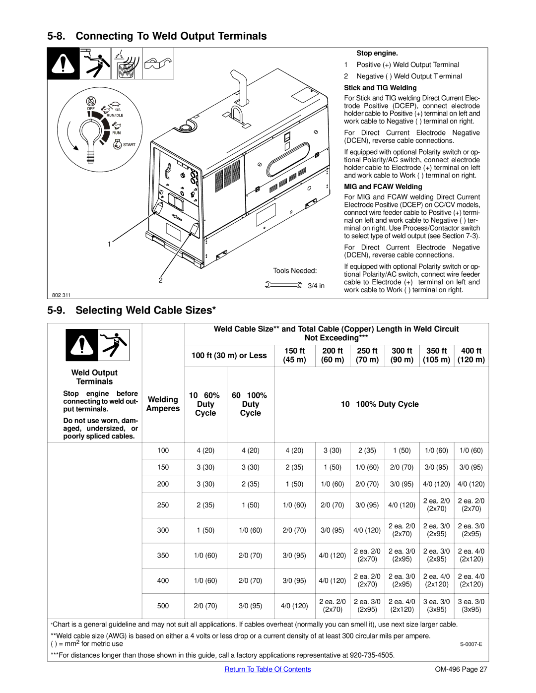 Miller Electric Big Blue 302P, Big Blue 452P manual Connecting To Weld Output Terminals, Selecting Weld Cable Sizes 