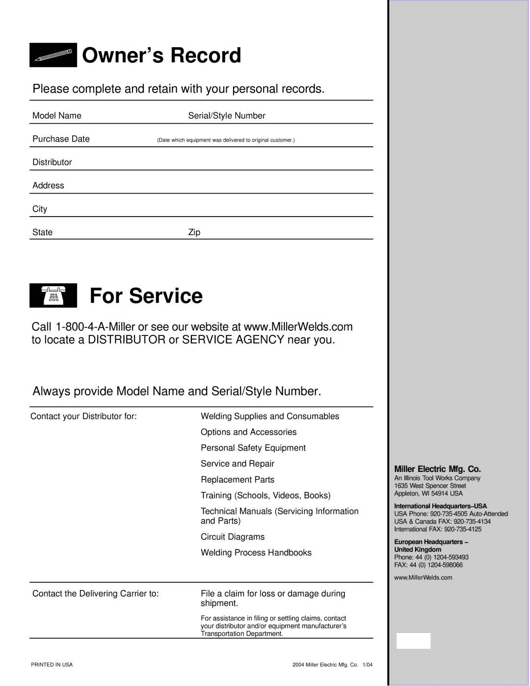 Miller Electric Big Blue 452P, Big Blue 302P Miller Electric Mfg. Co, For assistance in filing or settling claims, contact 