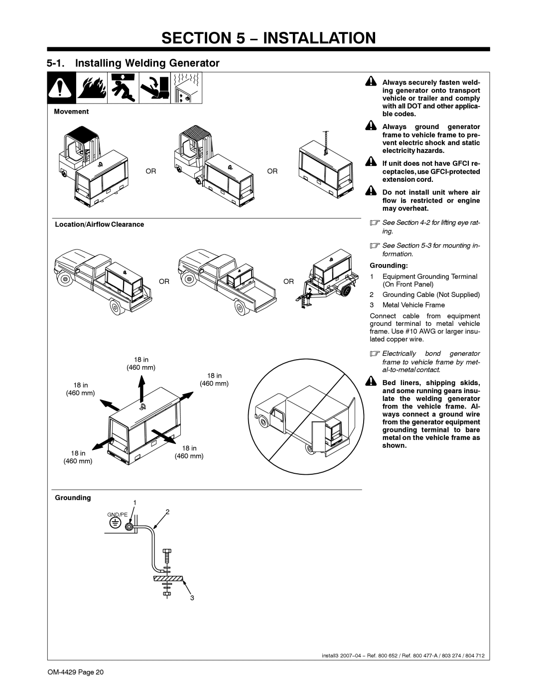 Miller Electric Big Blue 500 PT manual Installation, Installing Welding Generator, Location/Airflow Clearance, Grounding1 