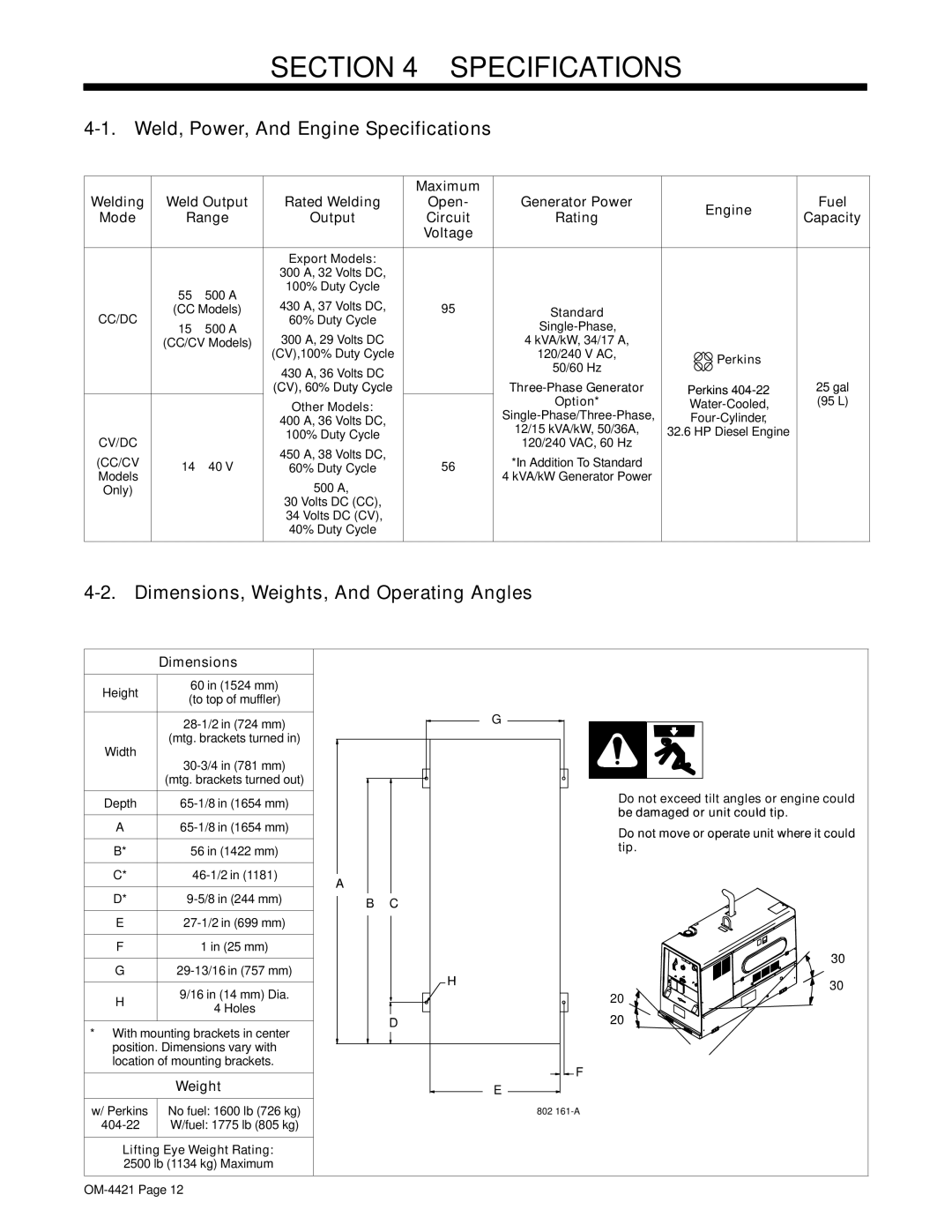 Miller Electric Big Blue 500 X manual Weld, Power, And Engine Specifications, Dimensions, Weights, And Operating Angles 