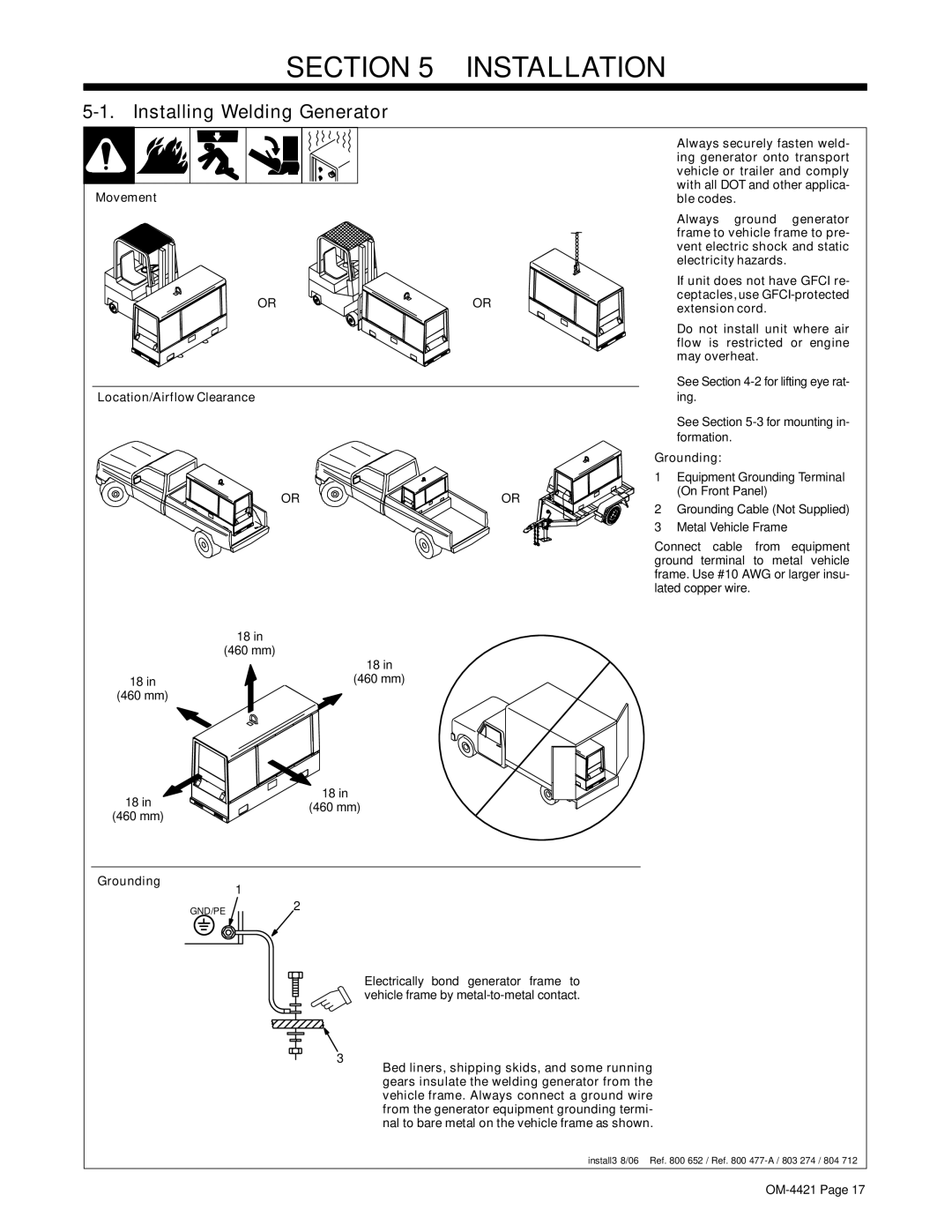 Miller Electric Big Blue 400P manual Installation, Installing Welding Generator, Location/Airflow Clearance, Grounding1 