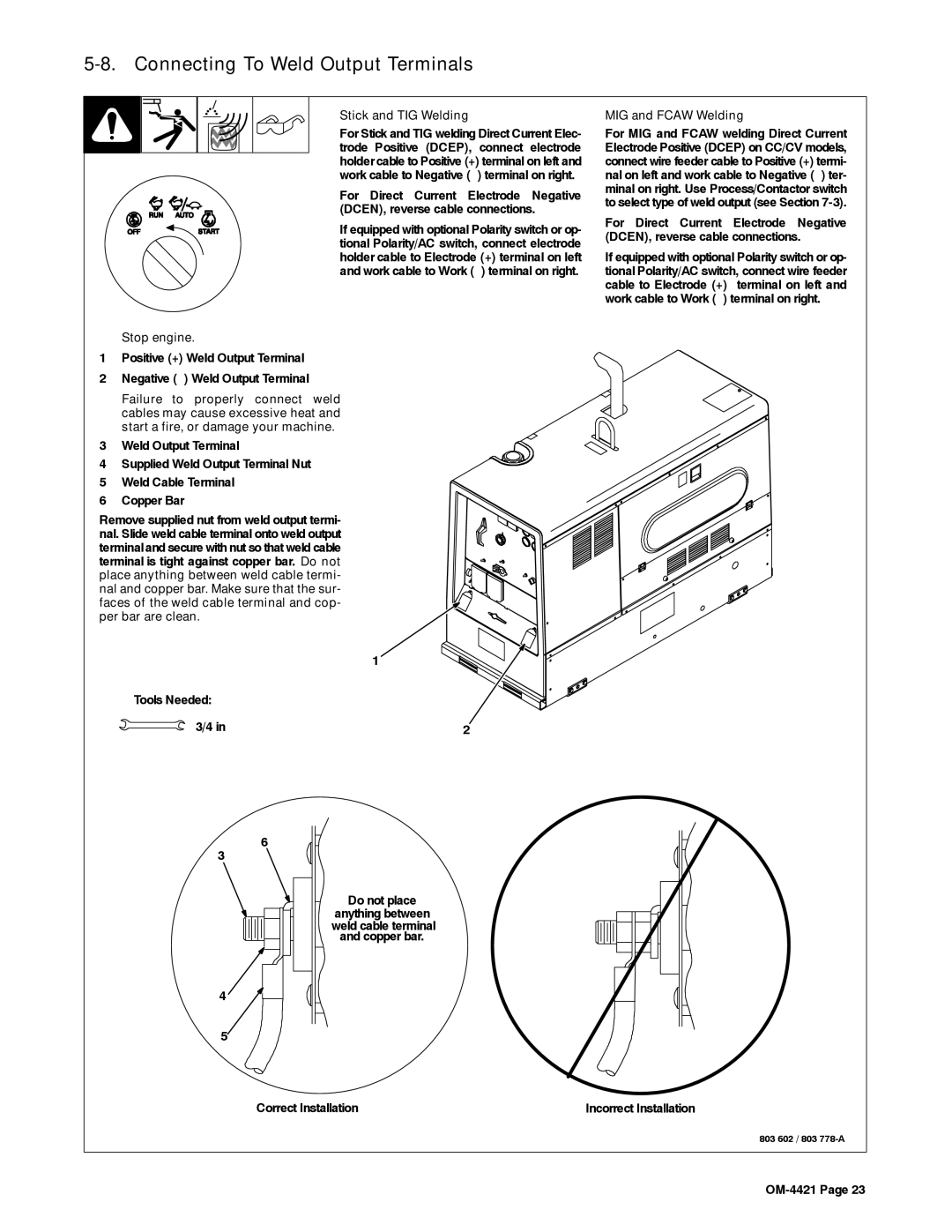 Miller Electric Big Blue 400P manual Connecting To Weld Output Terminals, Stick and TIG Welding, MIG and Fcaw Welding 