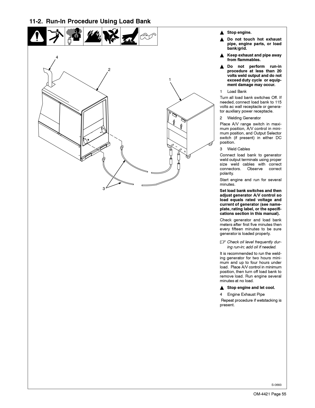 Miller Electric Big Blue 400P, Big Blue 500 X manual Run-In Procedure Using Load Bank, Stop engine Do not touch hot exhaust 