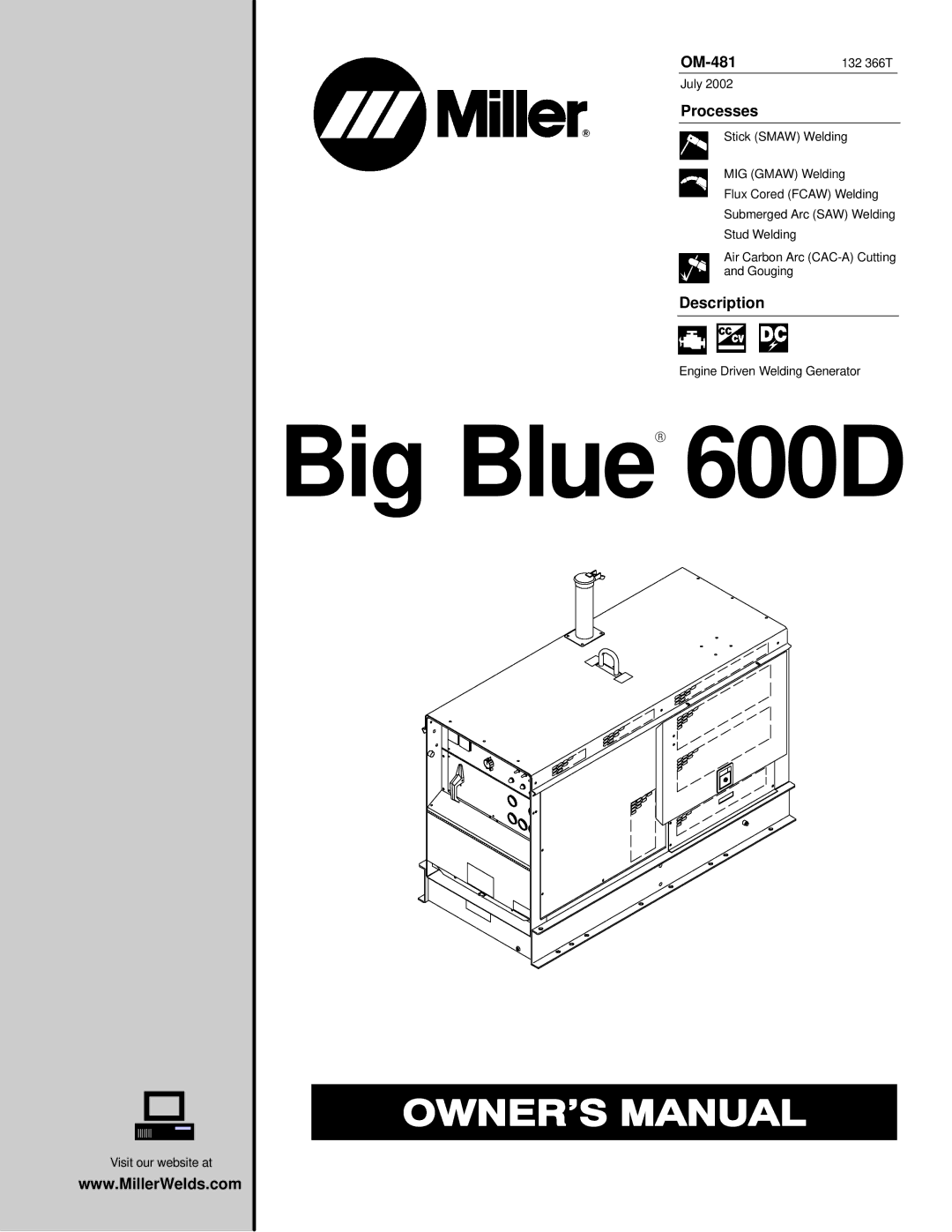 Miller Electric Big Blue 600D manual OM-481, Processes, Description 