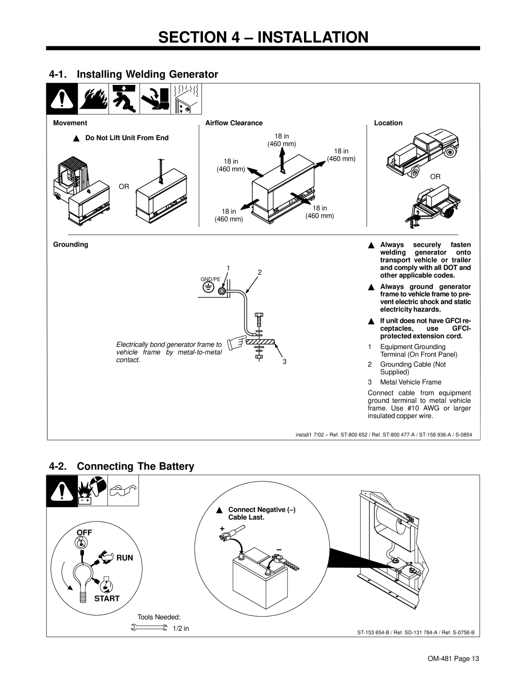 Miller Electric Big Blue 600D manual Installation, Installing Welding Generator, Connecting The Battery 