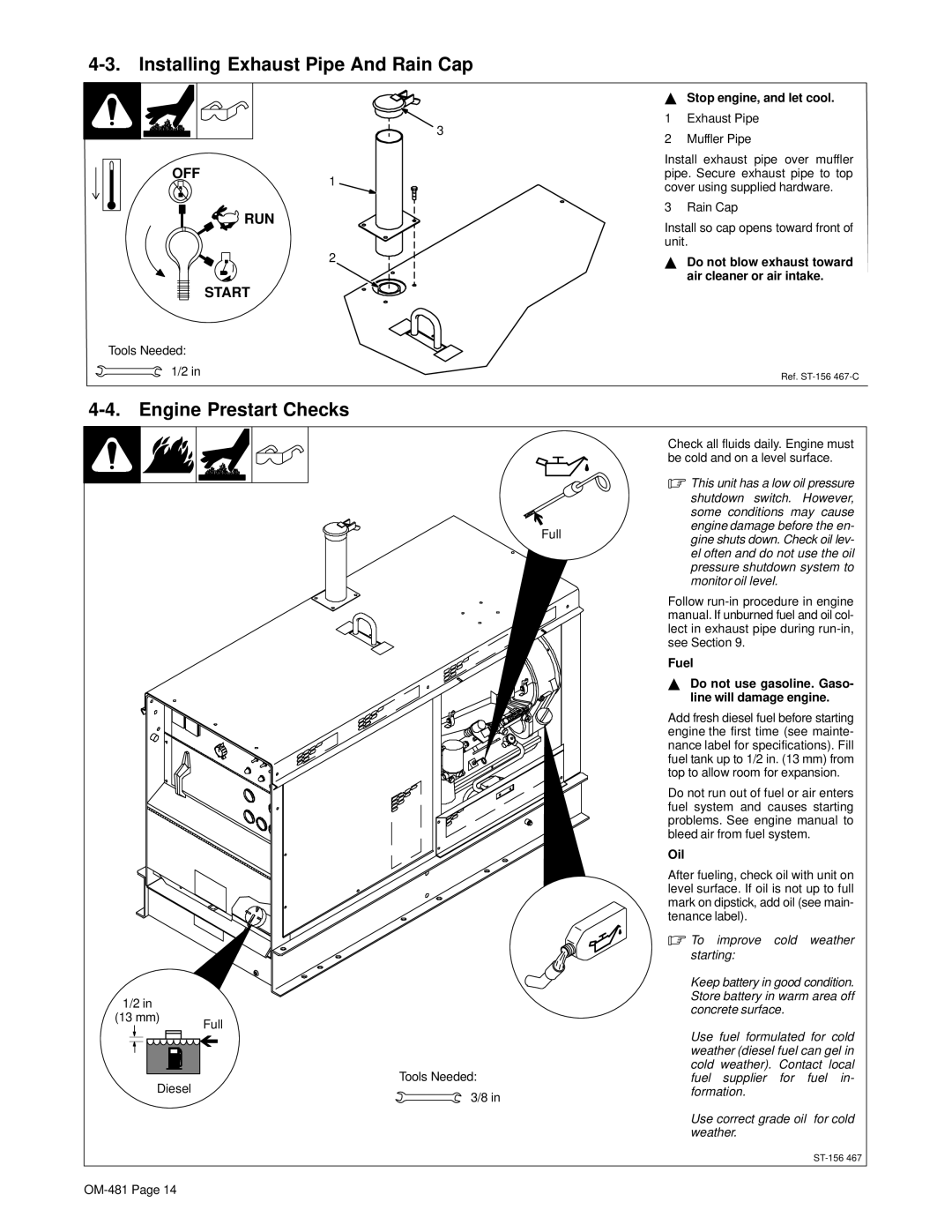 Miller Electric Big Blue 600D manual Installing Exhaust Pipe And Rain Cap, Engine Prestart Checks 