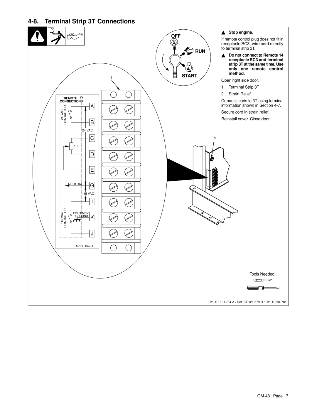 Miller Electric Big Blue 600D manual Terminal Strip 3T Connections, Stop engine 