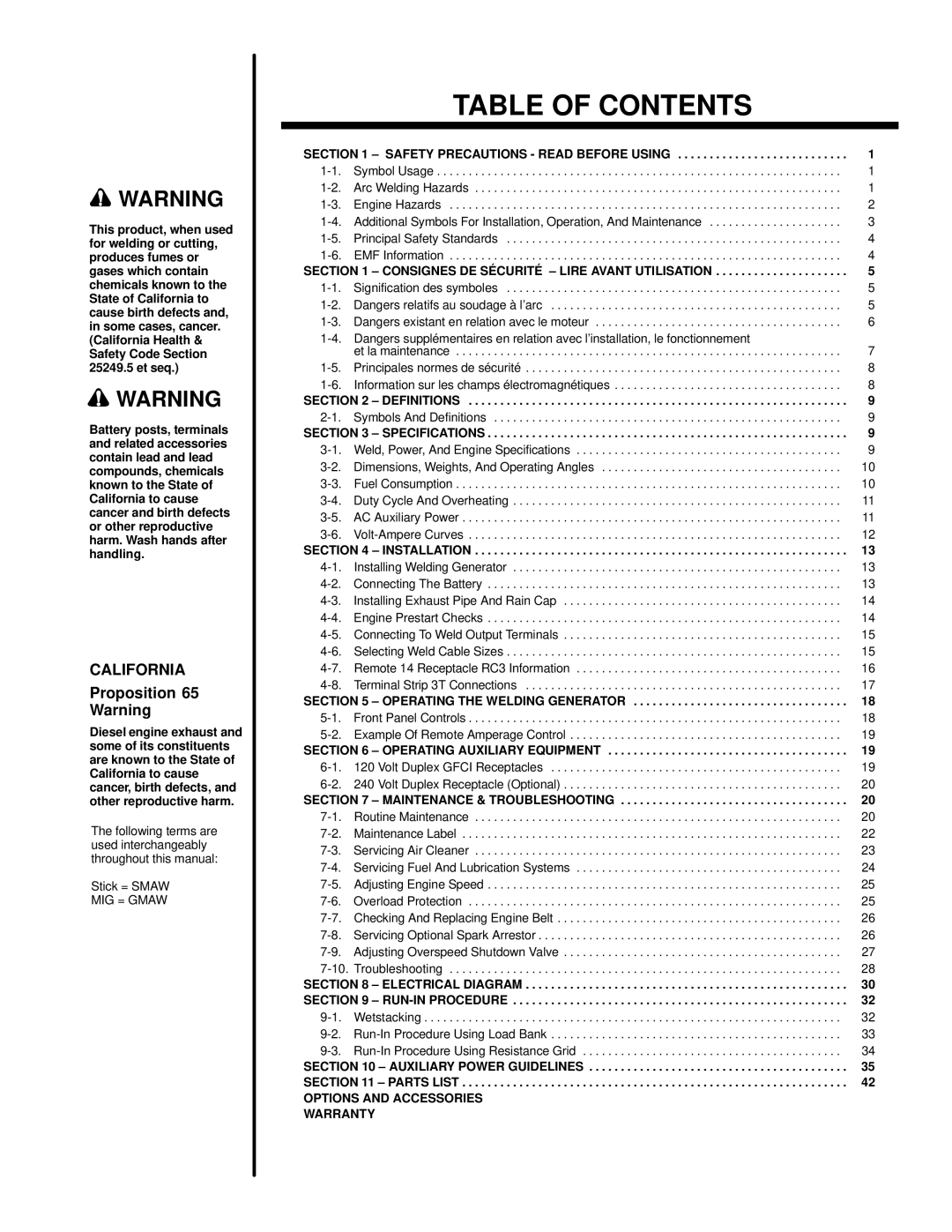 Miller Electric Big Blue 600D manual Table of Contents 