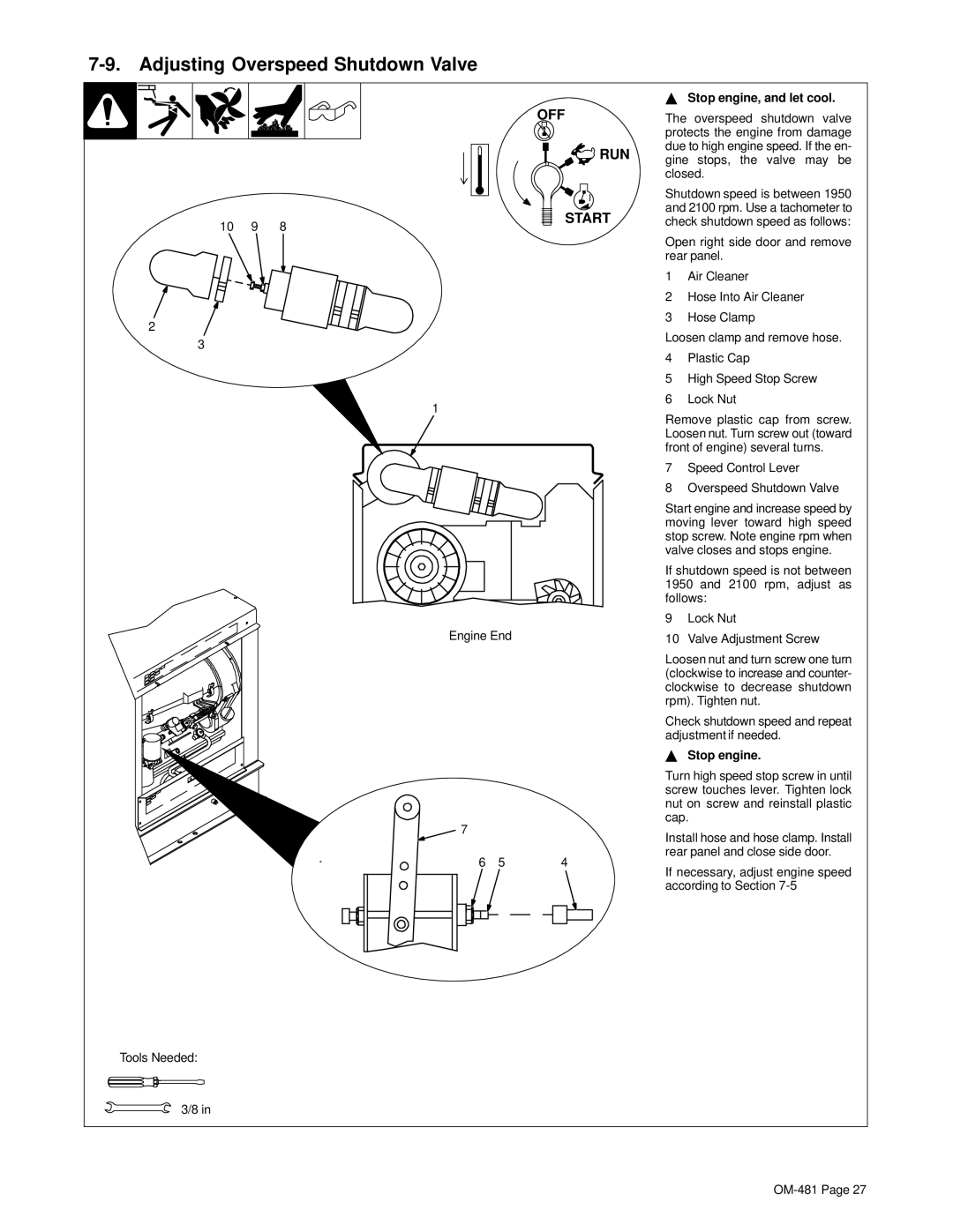 Miller Electric Big Blue 600D manual Adjusting Overspeed Shutdown Valve, Speed Control Lever Overspeed Shutdown Valve 