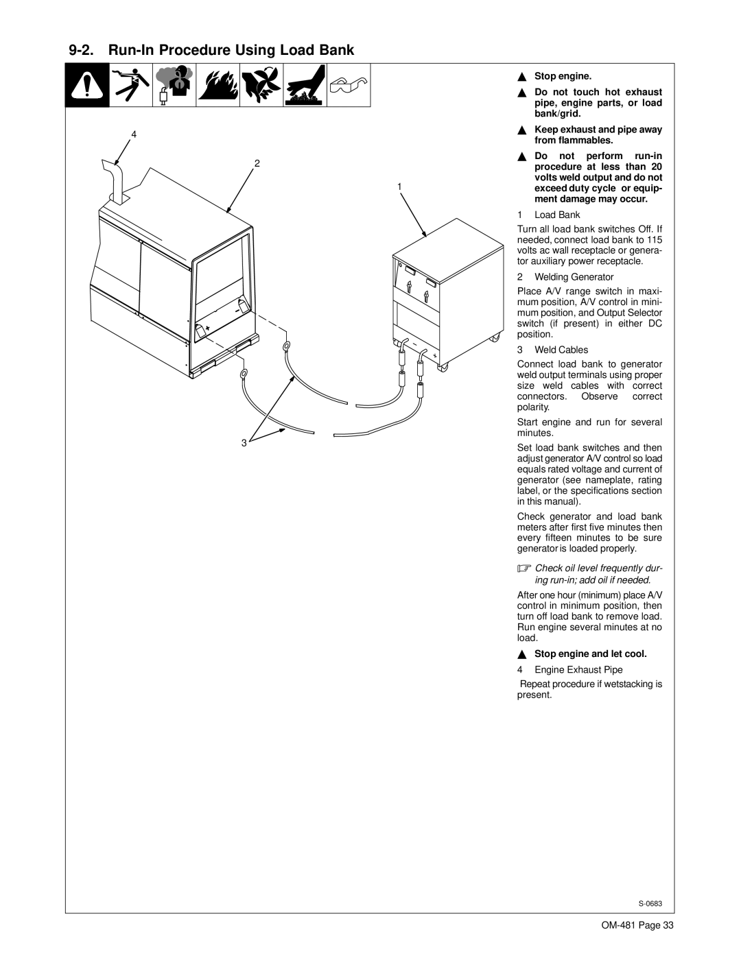 Miller Electric Big Blue 600D manual Run-In Procedure Using Load Bank, Stop engine Do not touch hot exhaust 