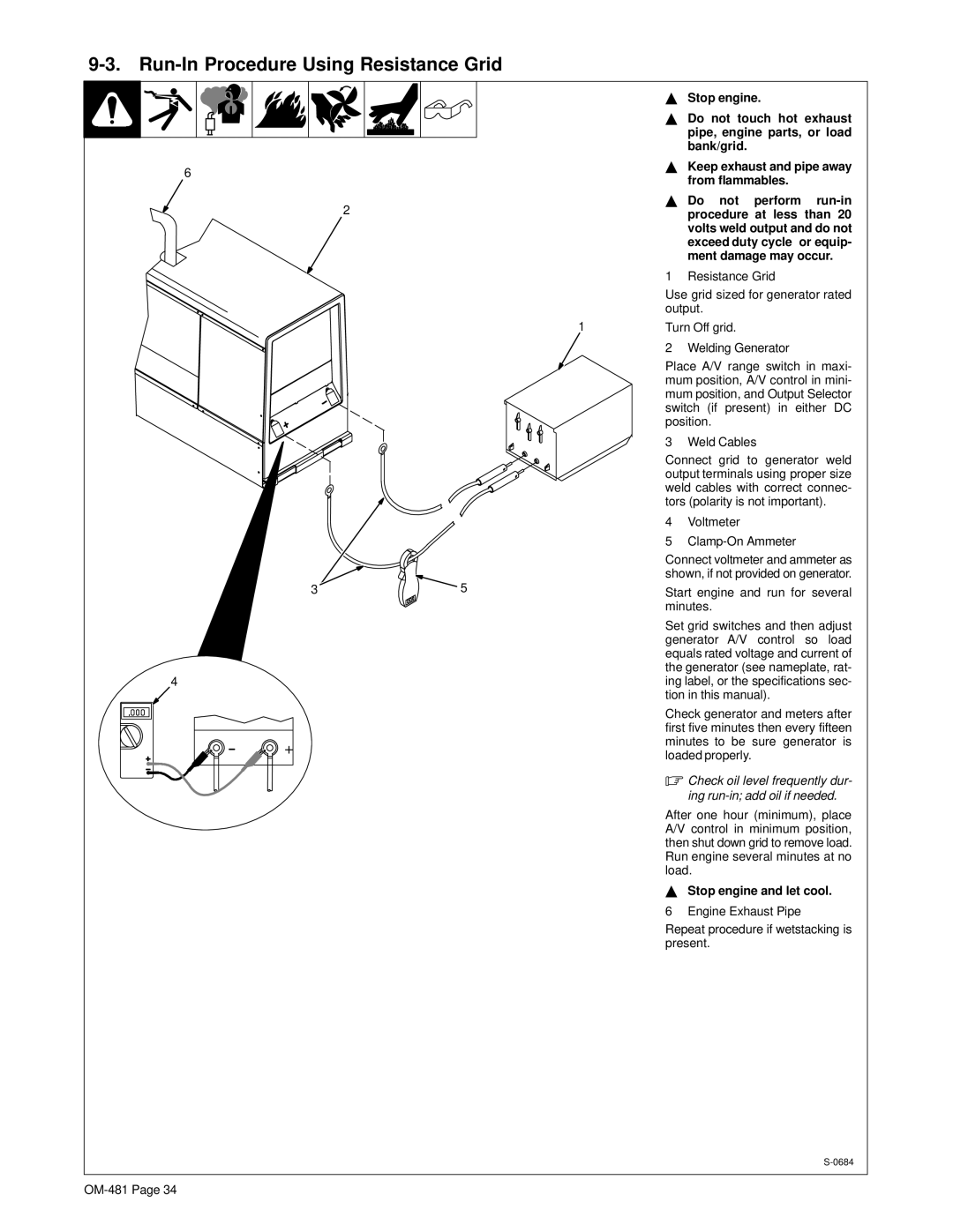 Miller Electric Big Blue 600D Run-In Procedure Using Resistance Grid, Bank/grid, From flammables, Do not perform run-in 