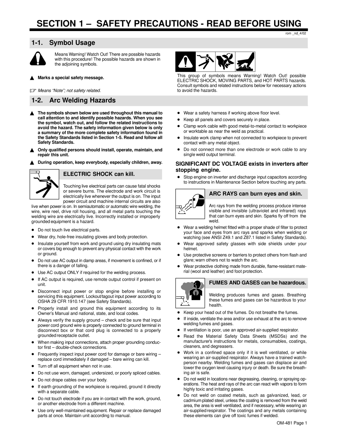 Miller Electric Big Blue 600D Symbol Usage, Arc Welding Hazards, Electric Shock can kill, ARC Rays can burn eyes and skin 