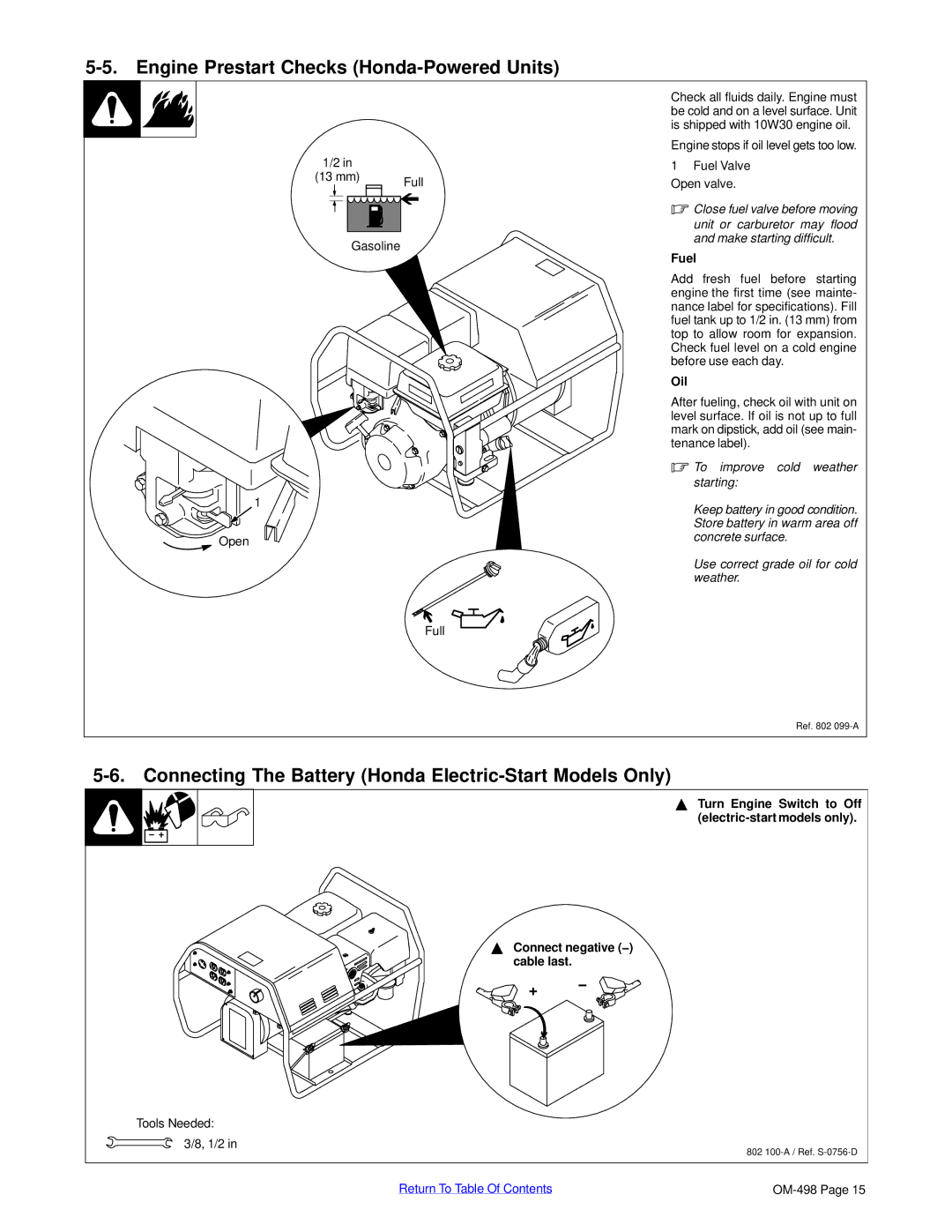 Miller Electric Blue Star 3500 manual Engine Prestart Checks Honda-Powered Units, +, Oil, Connect negative − cable last 