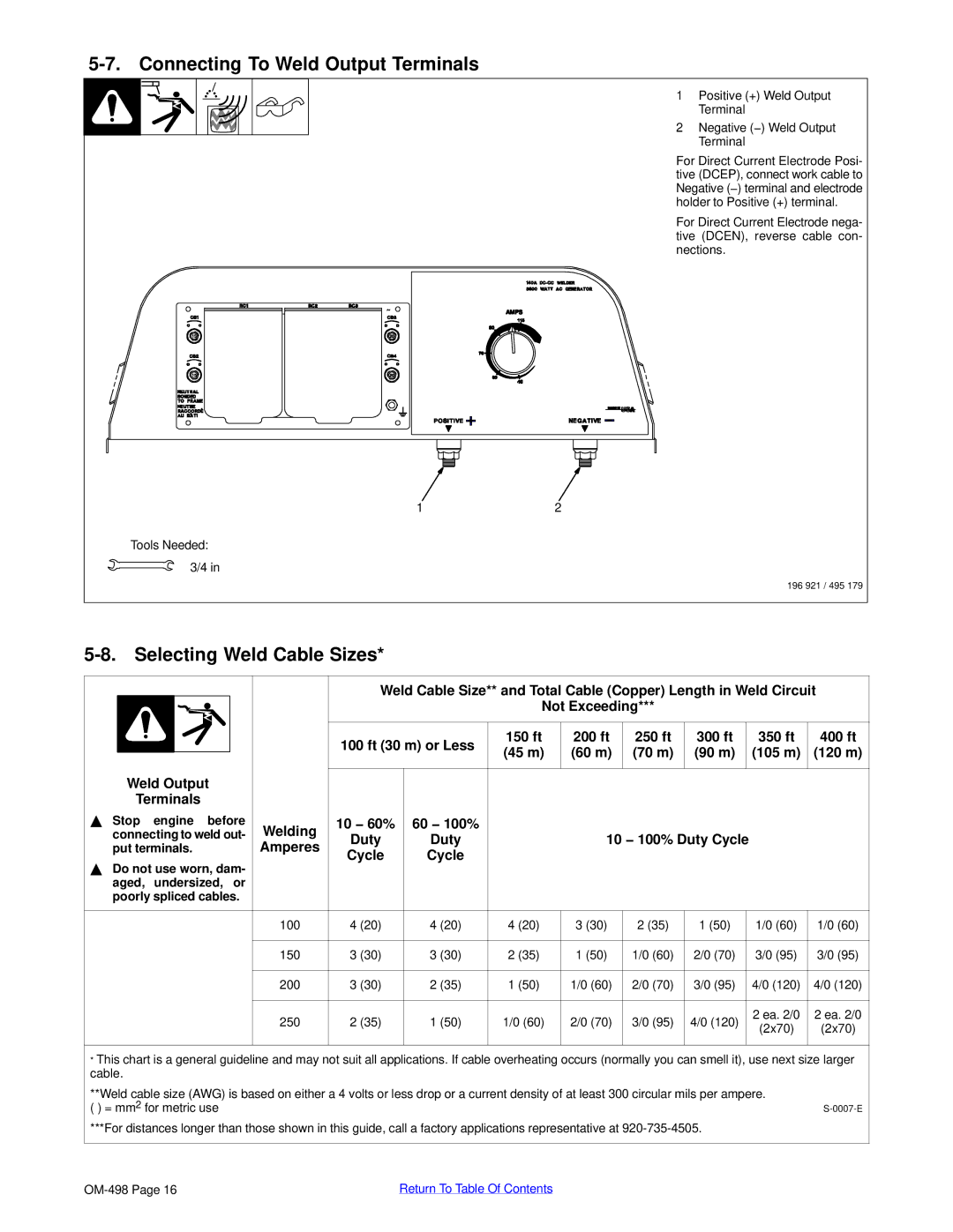 Miller Electric Blue Star 3500 manual Connecting To Weld Output Terminals, Selecting Weld Cable Sizes 