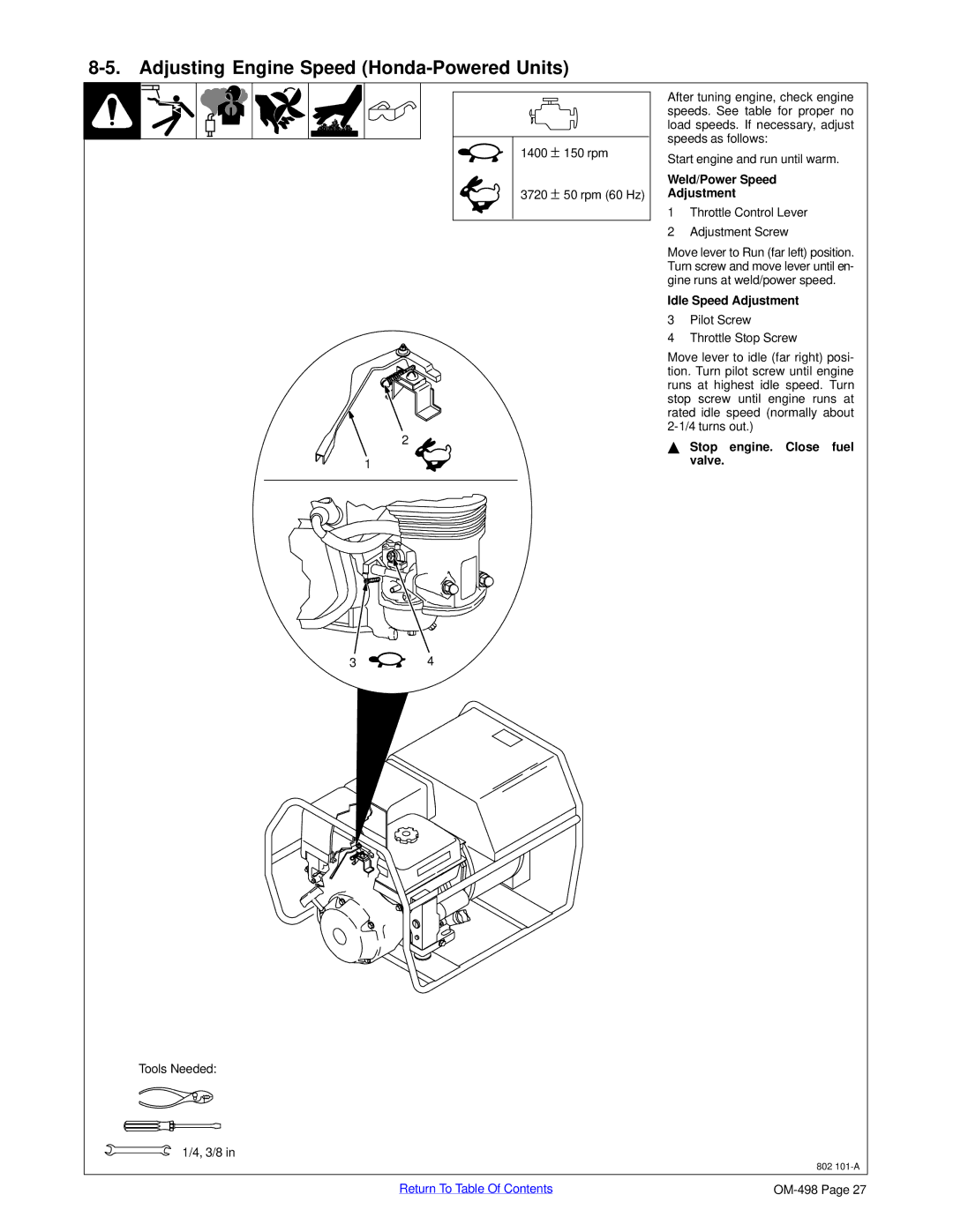 Miller Electric Blue Star 3500 manual Adjusting Engine Speed Honda-Powered Units, Throttle Control Lever Adjustment Screw 