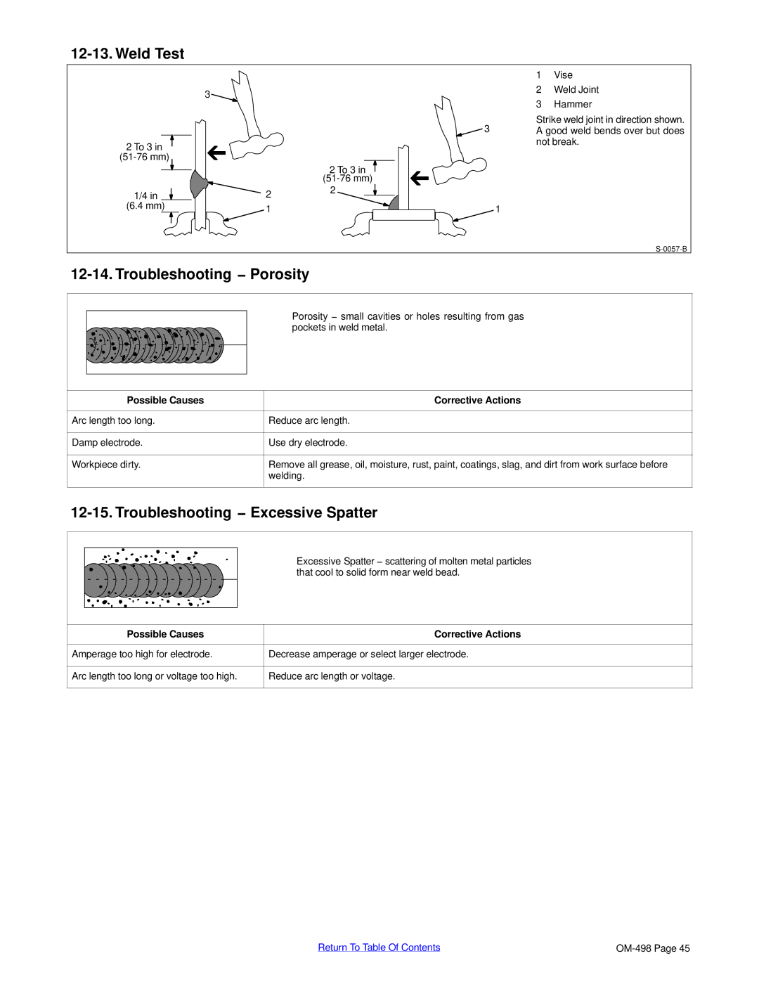 Miller Electric Blue Star 3500 manual Weld Test, Troubleshooting − Porosity, Troubleshooting − Excessive Spatter 