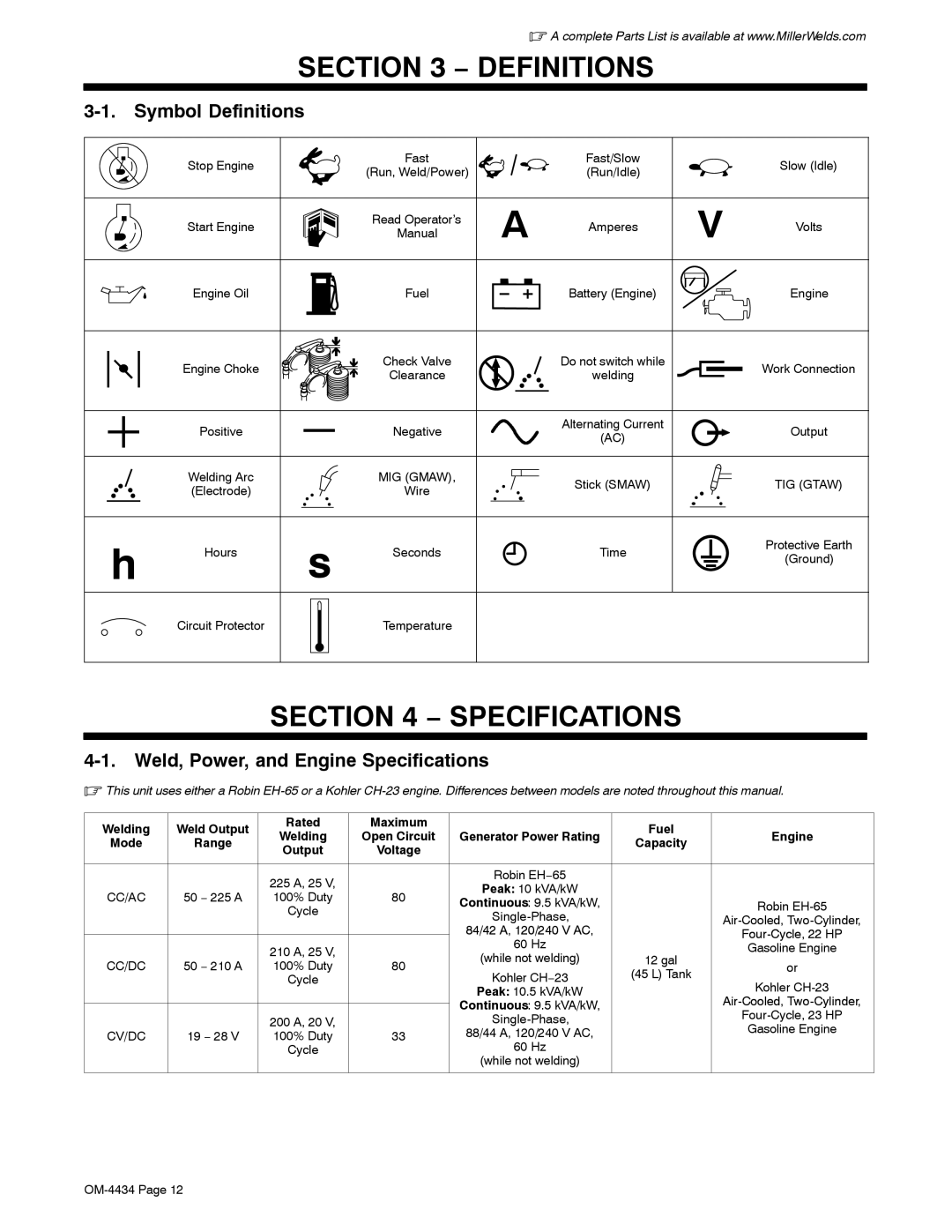 Miller Electric Bobcat 225 manual Symbol Definitions, Weld, Power, and Engine Specifications 