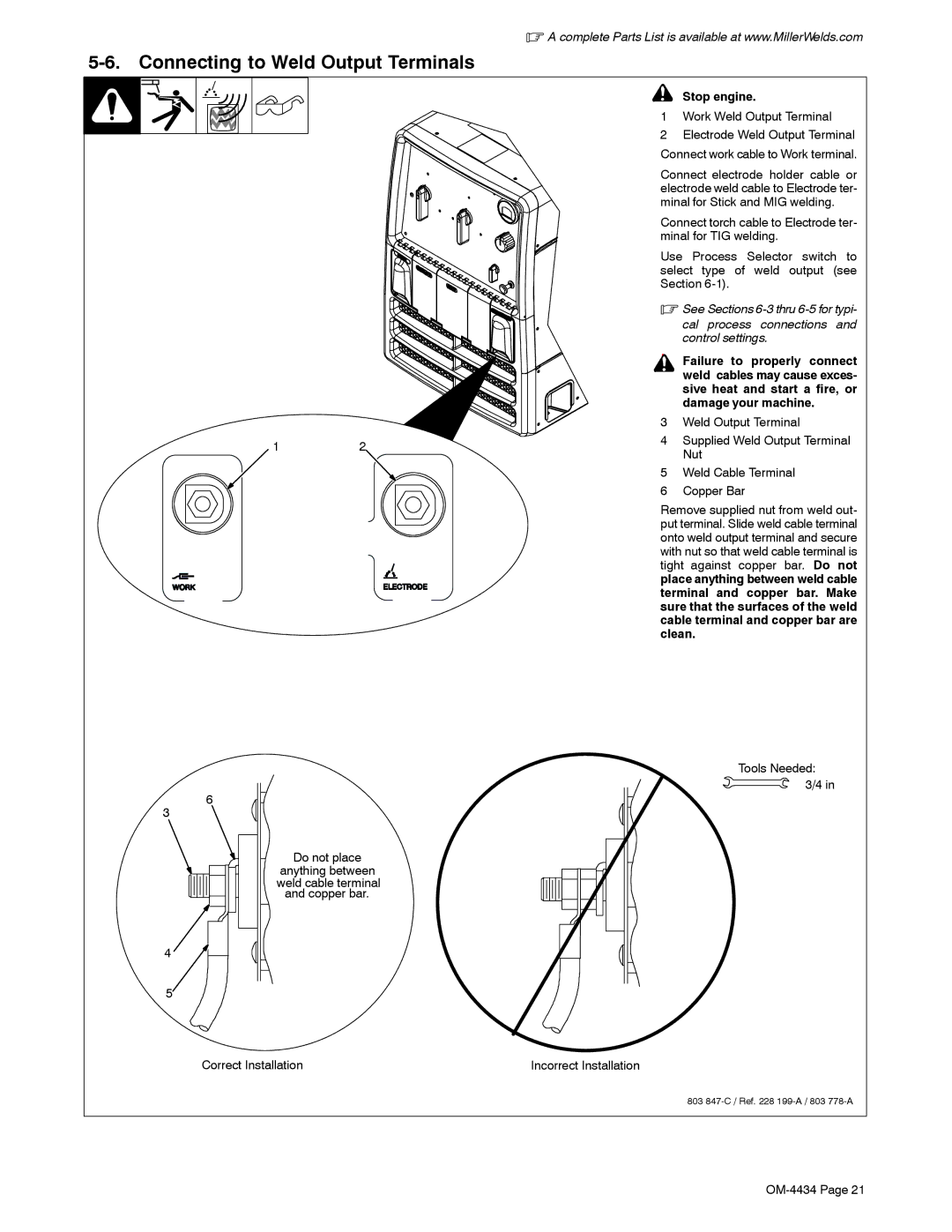 Miller Electric Bobcat 225 manual Connecting to Weld Output Terminals, Stop engine, Work Weld Output Terminal 