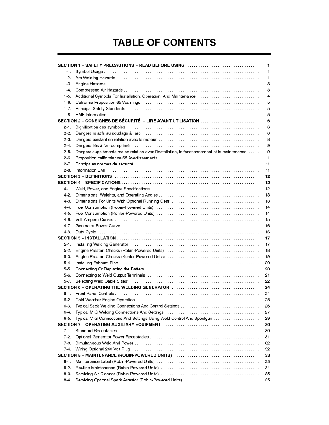 Miller Electric Bobcat 225 manual Table of Contents 