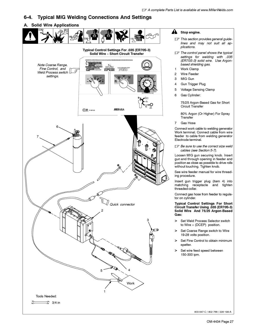 Miller Electric Bobcat 225 manual Typical MIG Welding Connections And Settings, Solid Wire Applications 