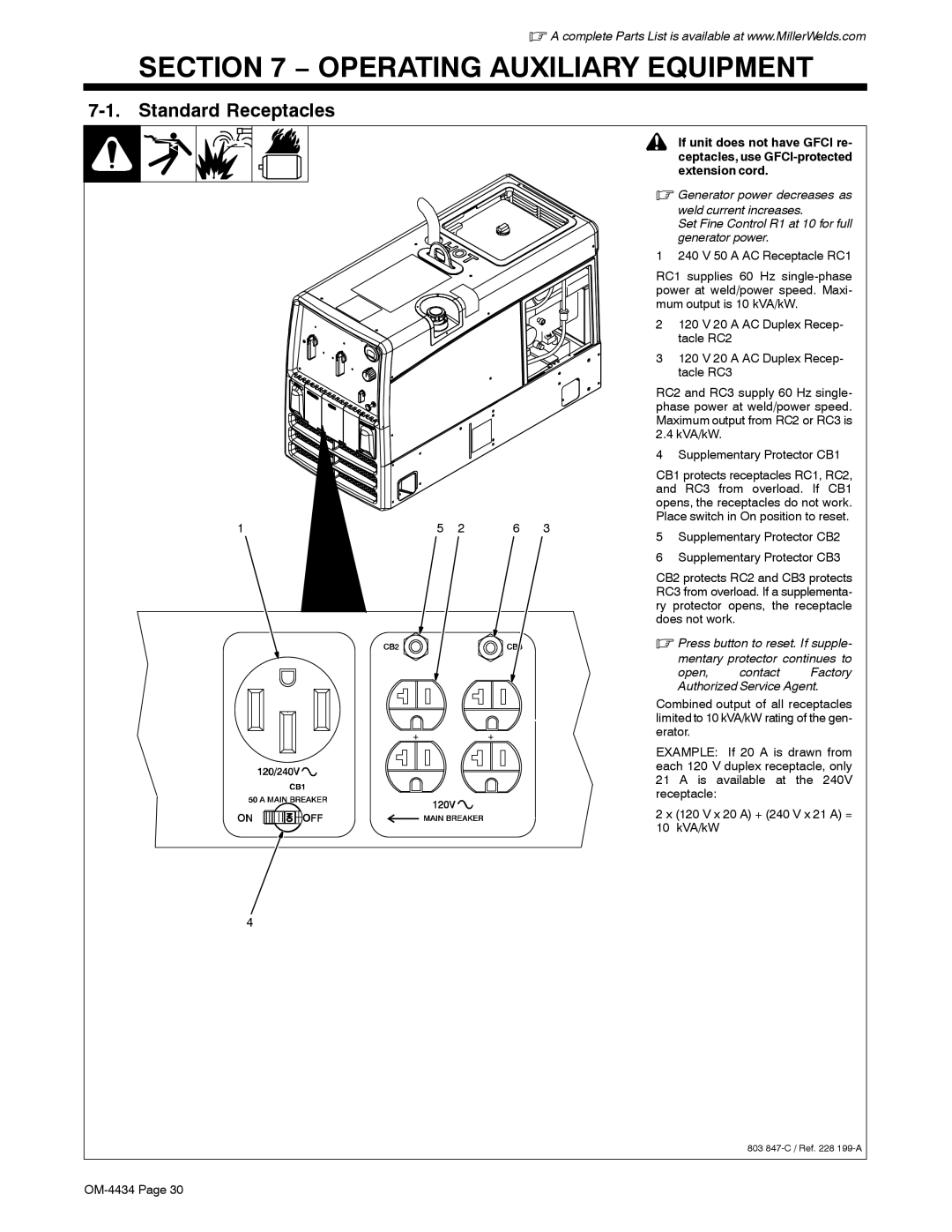 Miller Electric Bobcat 225 manual Operating Auxiliary Equipment, Standard Receptacles 