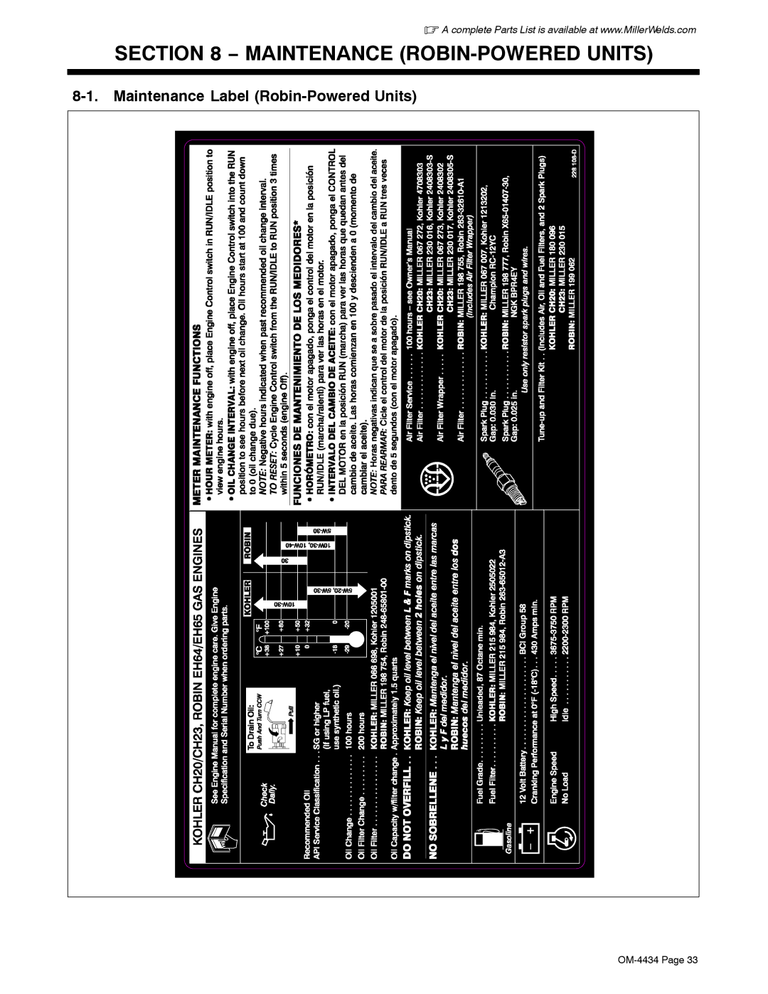 Miller Electric Bobcat 225 manual Maintenance ROBIN-POWERED Units, Maintenance Label Robin-Powered Units 