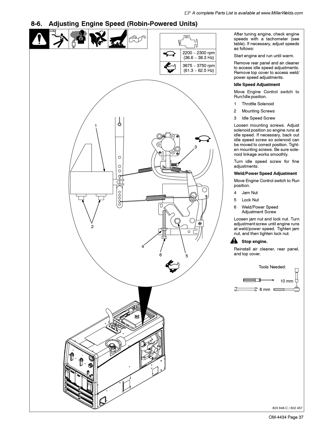 Miller Electric Bobcat 225 Adjusting Engine Speed Robin-Powered Units, Idle Speed Adjustment, Weld/Power Speed Adjustment 