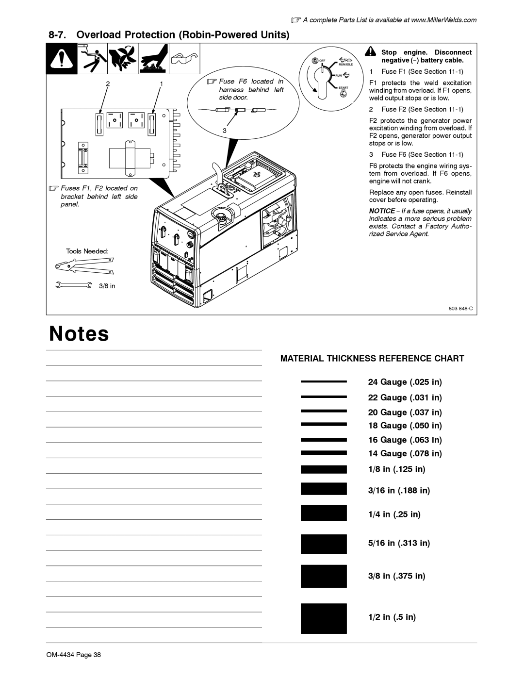 Miller Electric Bobcat 225 manual Overload Protection Robin-Powered Units, Stop engine. Disconnect negative − battery cable 