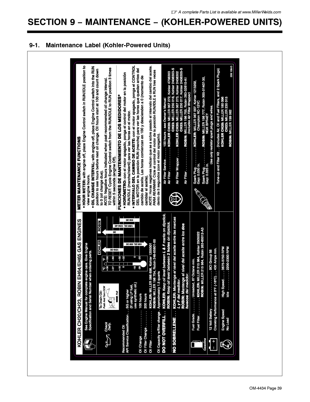 Miller Electric Bobcat 225 manual Maintenance − KOHLER-POWERED Units, Maintenance Label Kohler-Powered Units 