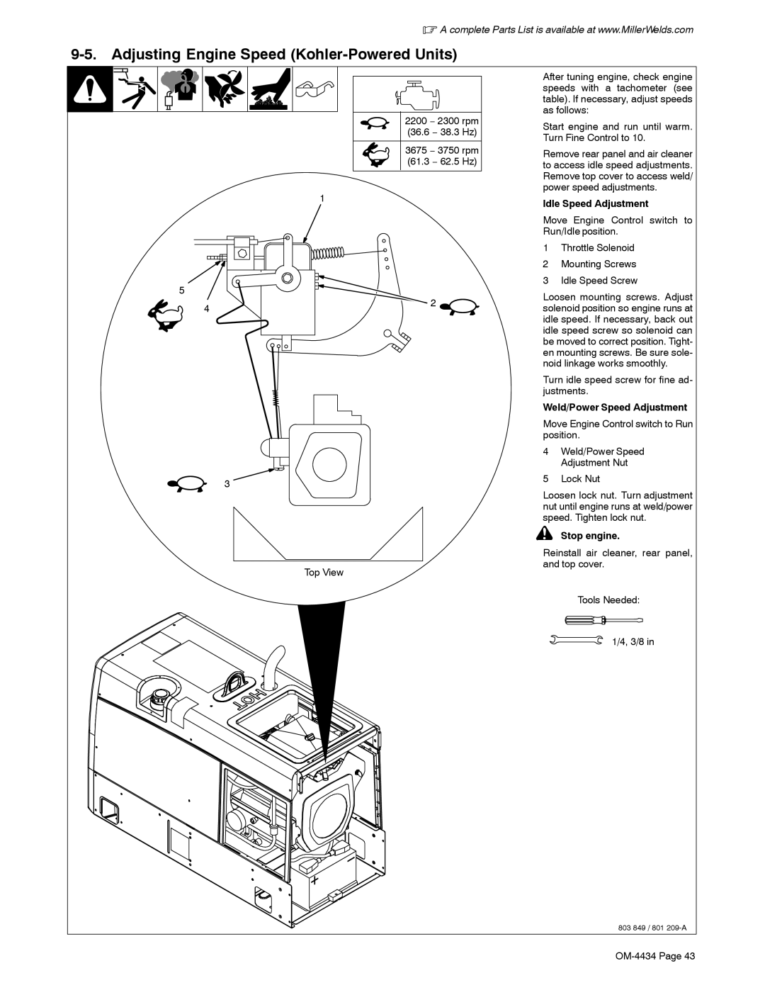 Miller Electric Bobcat 225 manual Adjusting Engine Speed Kohler-Powered Units, Turn idle speed screw for fine ad- justments 