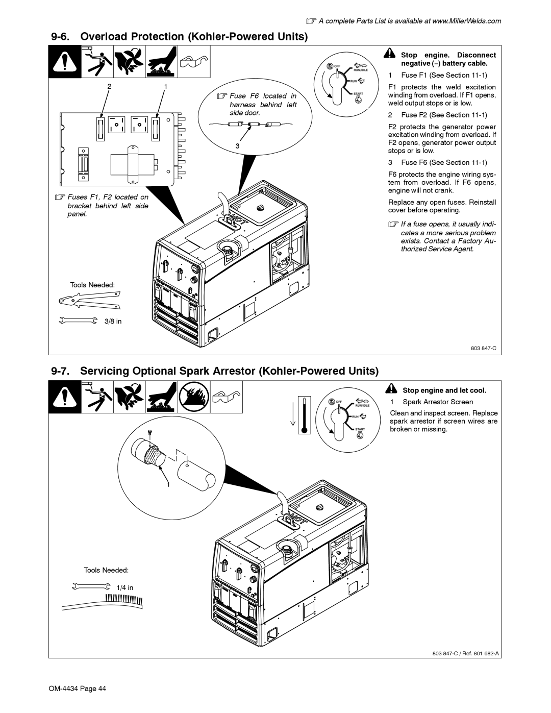 Miller Electric Bobcat 225 manual Overload Protection Kohler-Powered Units, If a fuse opens, it usually indi 