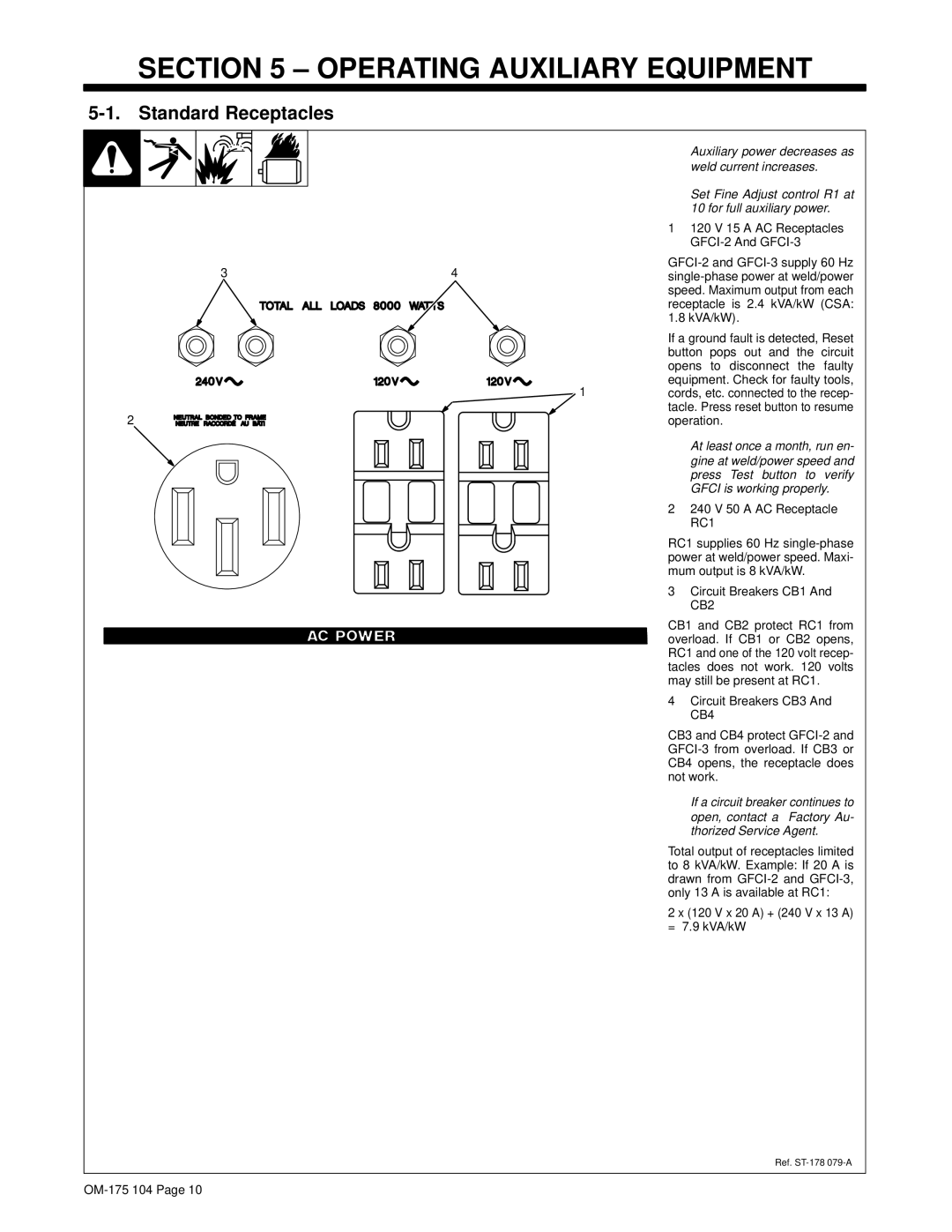 Miller Electric Bobcat 225G owner manual ± Operating Auxiliary Equipment, Standard Receptacles 