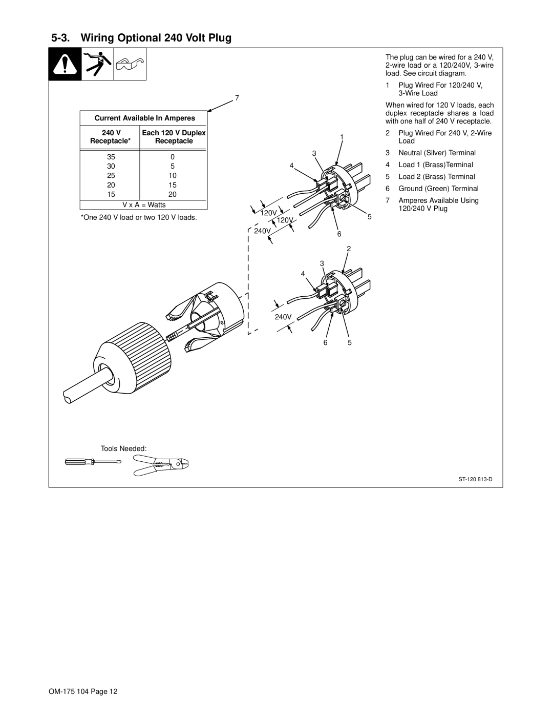 Miller Electric Bobcat 225G owner manual Wiring Optional 240 Volt Plug, Current Available In Amperes 240 