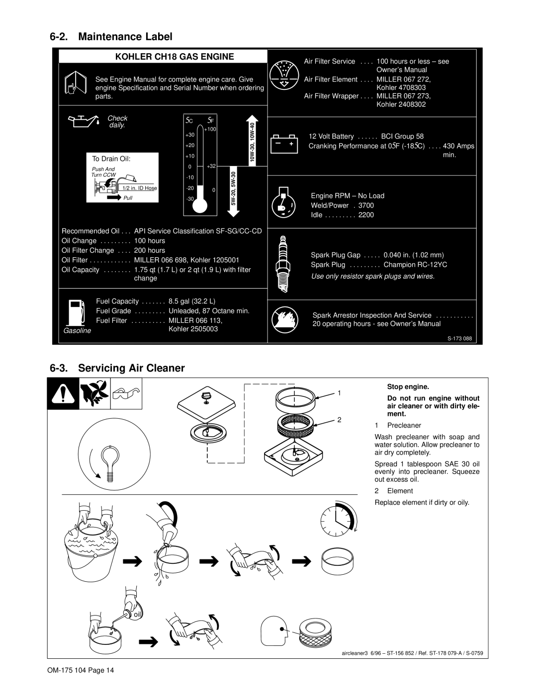 Miller Electric Bobcat 225G owner manual Maintenance Label, Servicing Air Cleaner 