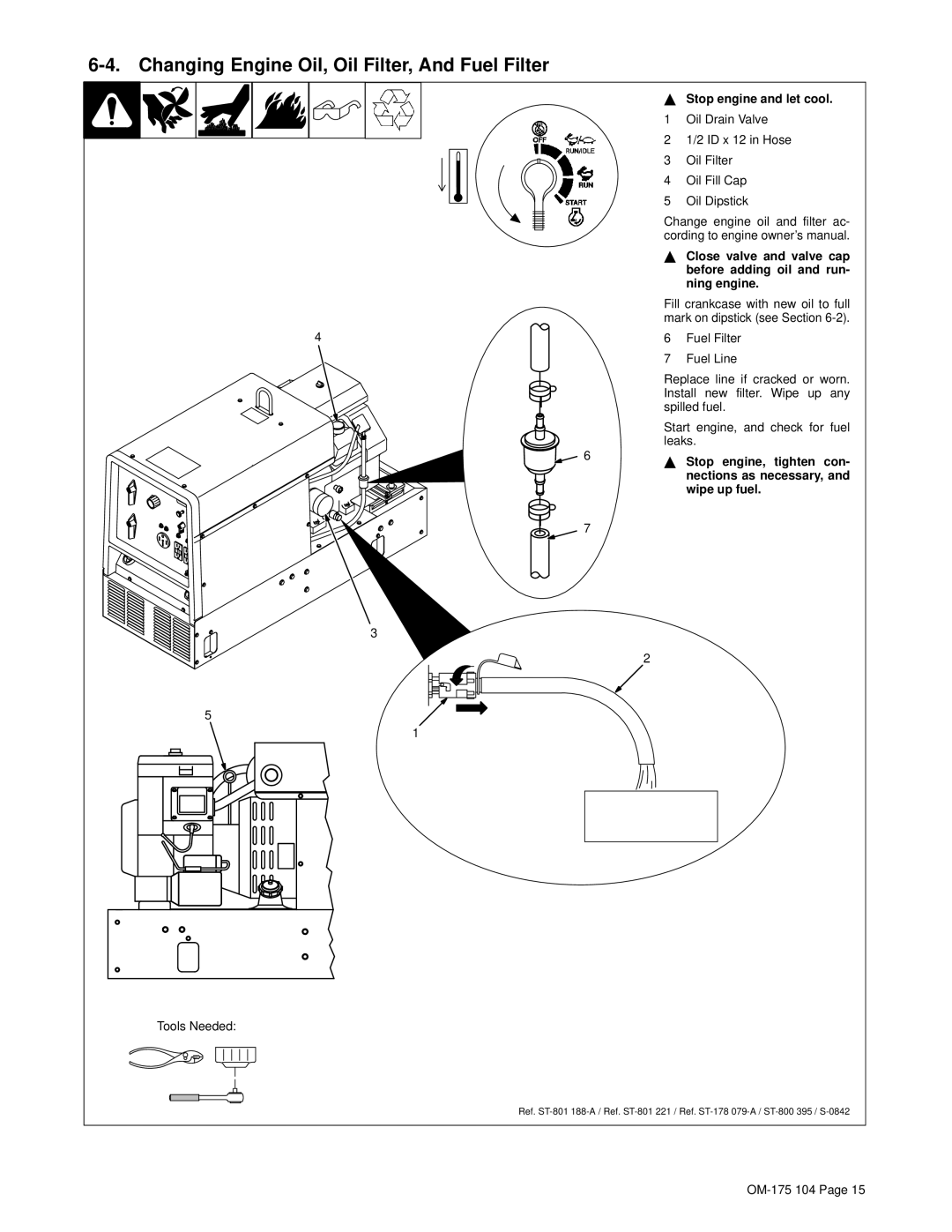 Miller Electric Bobcat 225G owner manual Changing Engine Oil, Oil Filter, And Fuel Filter, Stop engine and let cool 