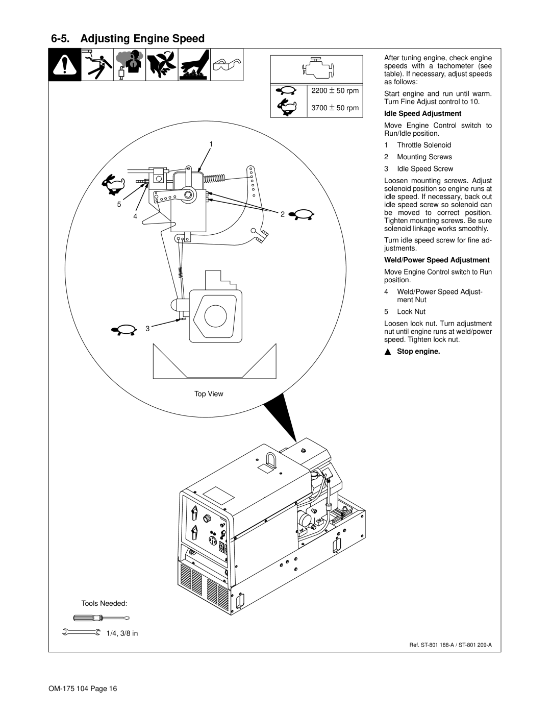 Miller Electric Bobcat 225G Adjusting Engine Speed, Idle Speed Adjustment, Weld/Power Speed Adjustment, Stop engine 