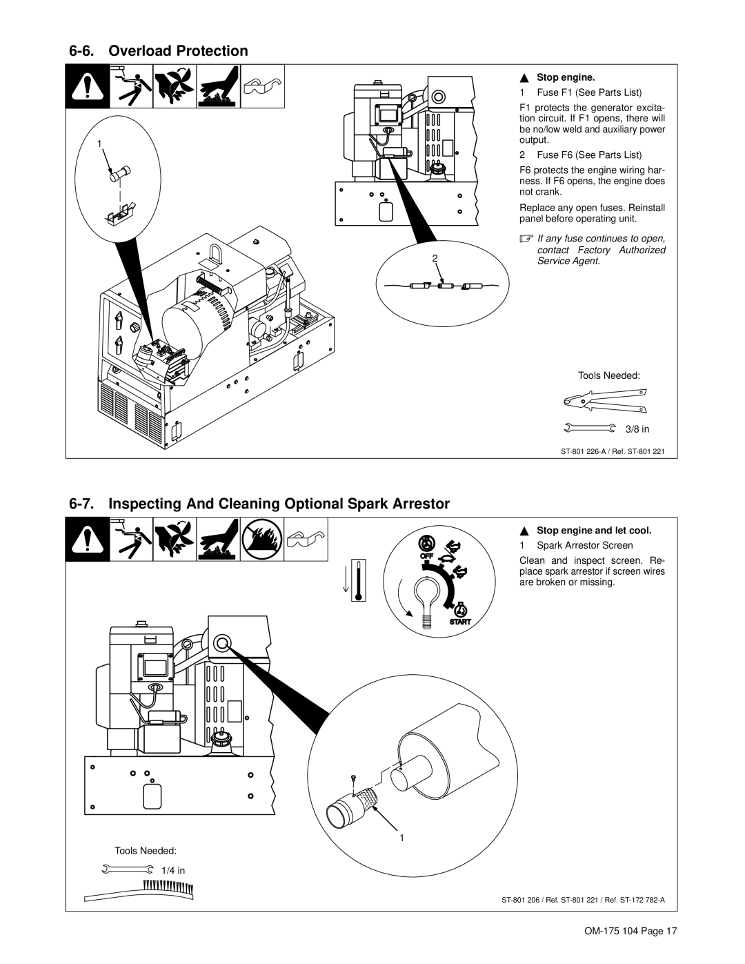 Miller Electric Bobcat 225G owner manual Overload Protection, Inspecting And Cleaning Optional Spark Arrestor 