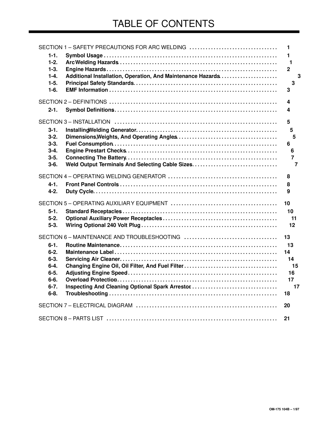 Miller Electric Bobcat 225G owner manual Table of Contents 