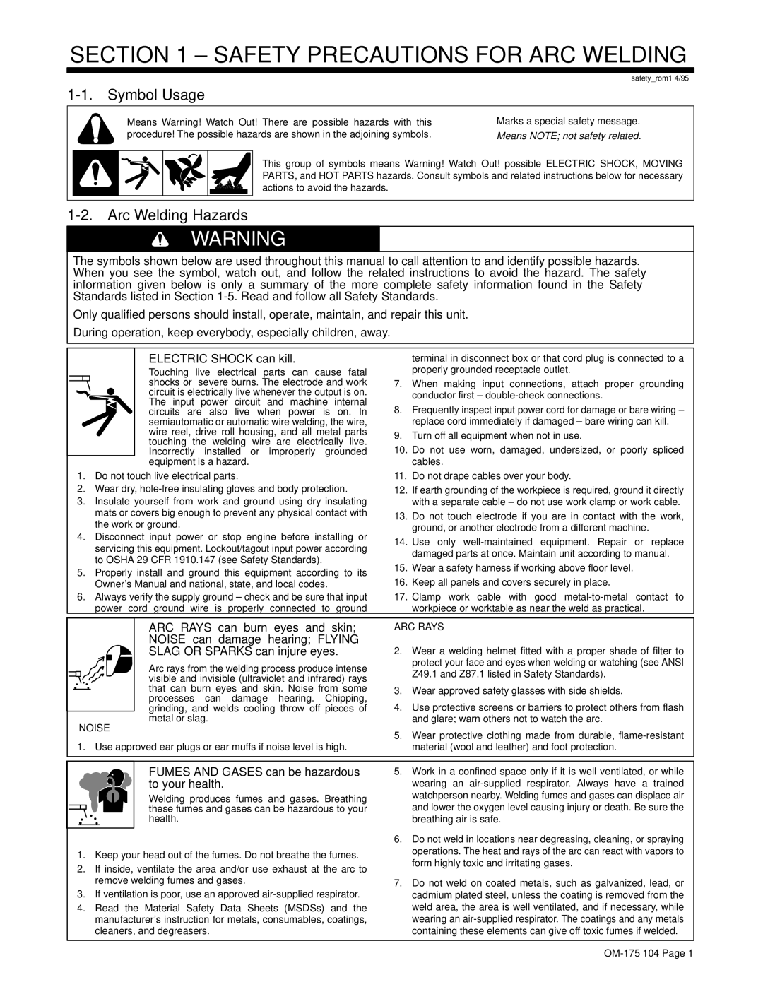 Miller Electric Bobcat 225G owner manual ± Safety Precautions for ARC Welding, Symbol Usage, Arc Welding Hazards 