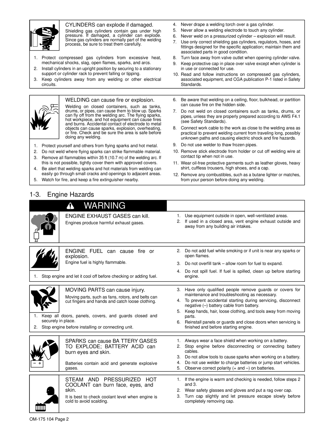 Miller Electric Bobcat 225G owner manual Engine Hazards 