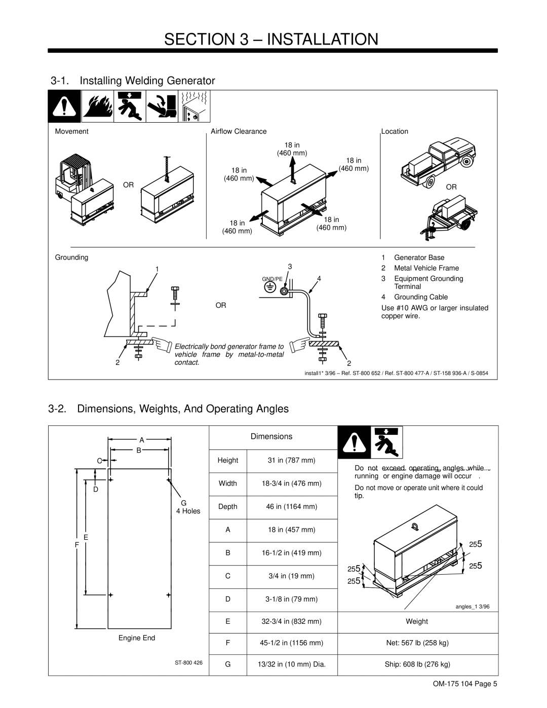 Miller Electric Bobcat 225G ± Installation, Installing Welding Generator, Dimensions, Weights, And Operating Angles 